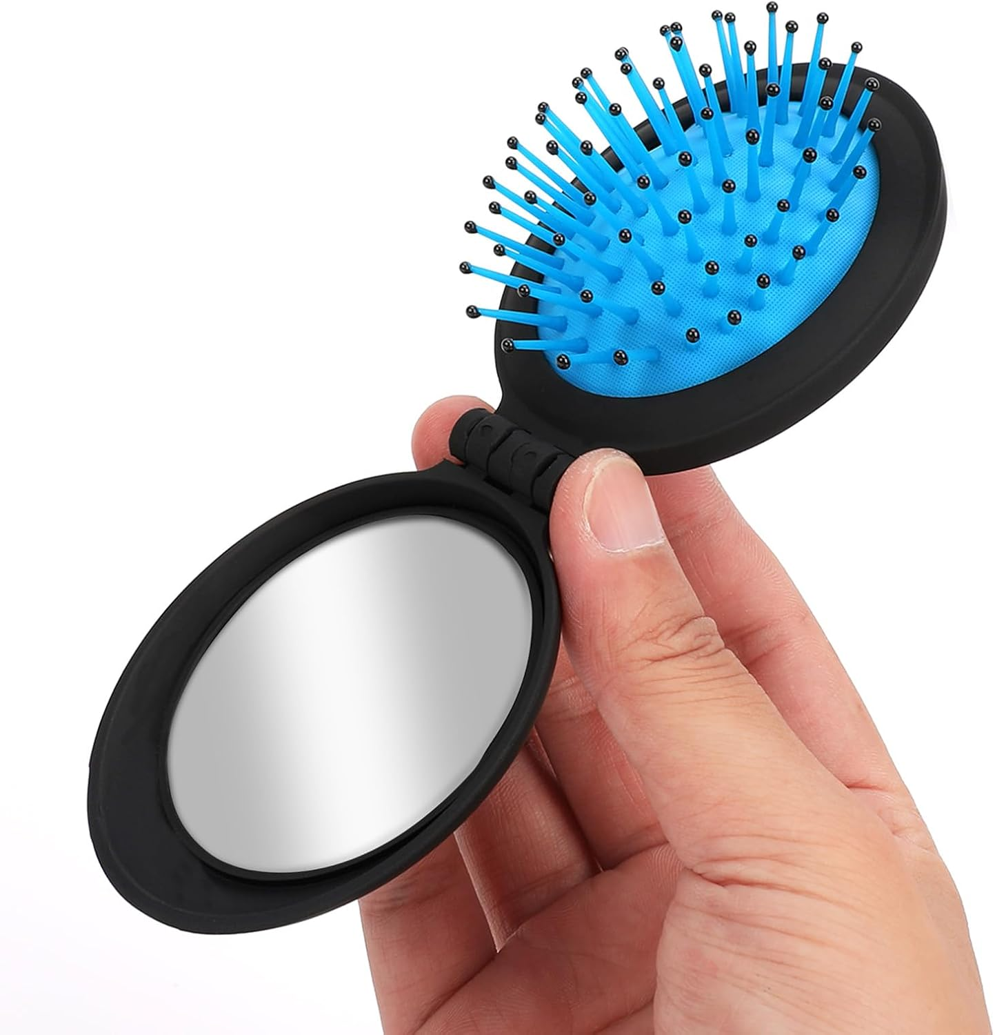 Pack of 2 Mini Foldable Hair Brushes with Mirror Travel Hair Brush Folding Brush Mini round Foldable Hair Massage Comb for Women Girls (Blue, Purple) image number 1