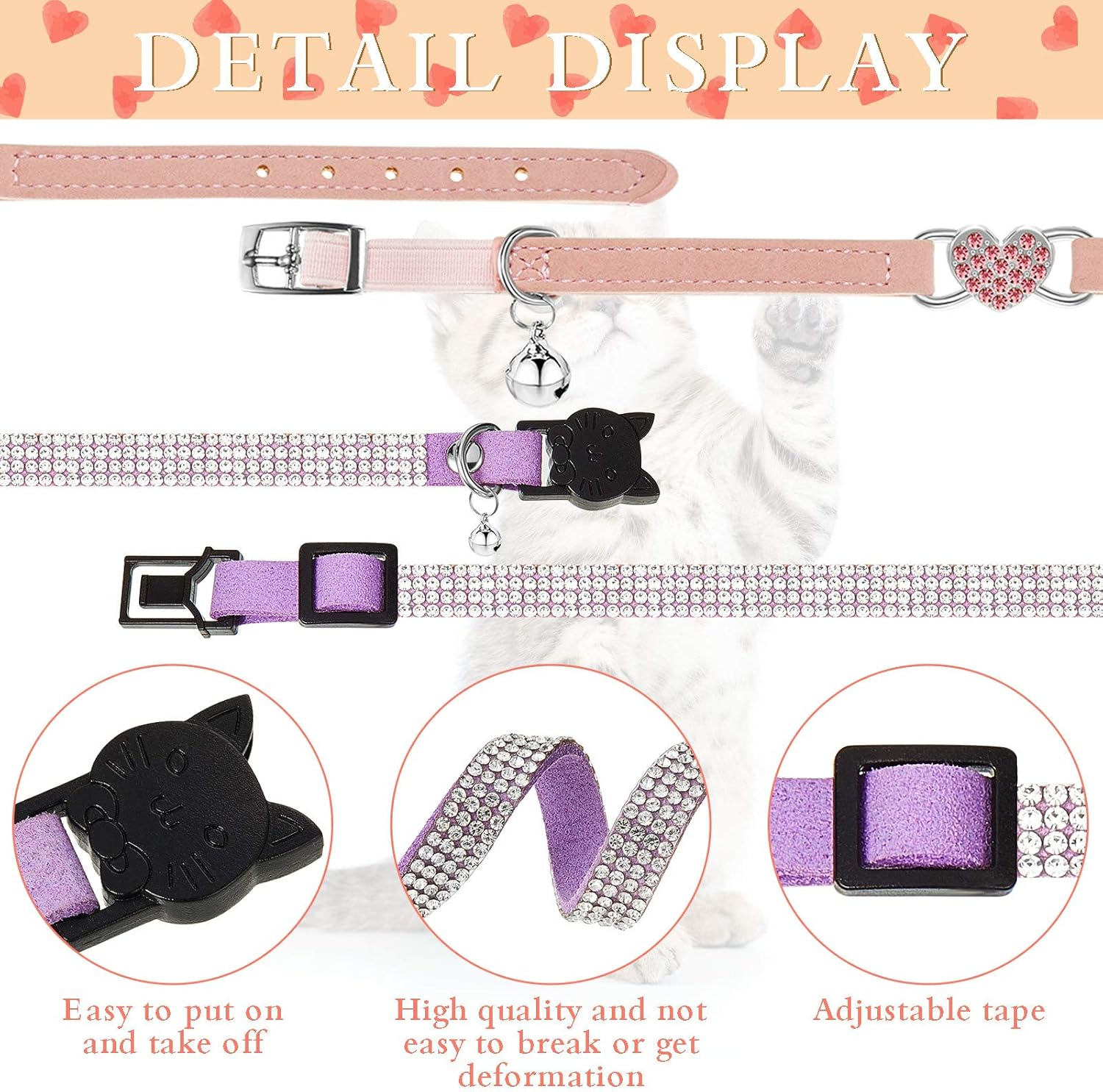 Weewooday 4 Pcs Rhinestone Cat Collar Heart Bling Breakaway Girl Cat Soft Velvet Fancy Adjustable Safety Kitten Collar with Bell for Kitty(Pink, Purple) image number 4