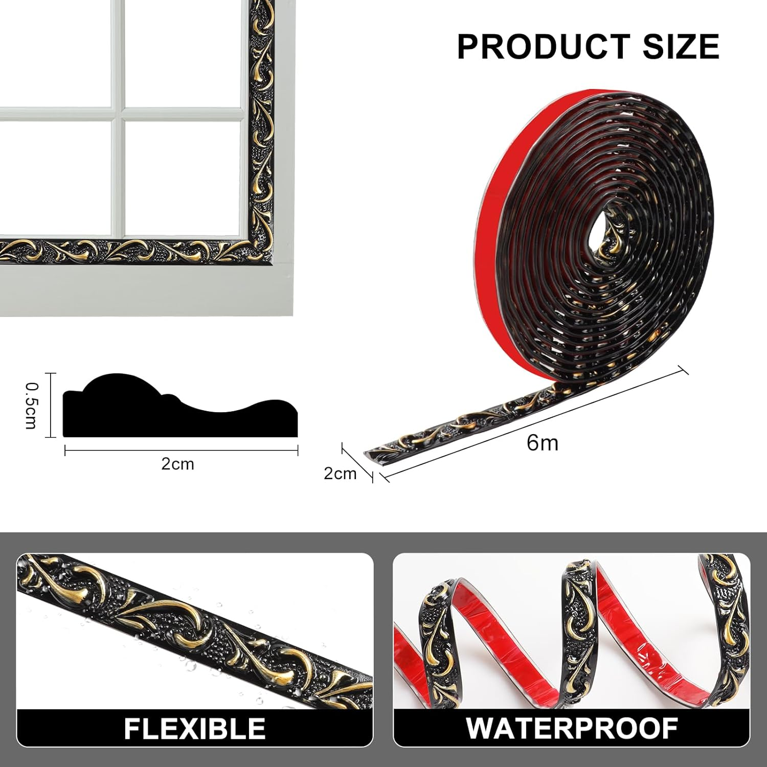 600Cm Flexible Coving for Ceilings- Self Adhesive Wallpaper Border, Waterproof Moulding Trim 3D Vintage Pattern, Peel and Stick Wall Border for Home Decoration（Black with Gold-2Cm） image number 3