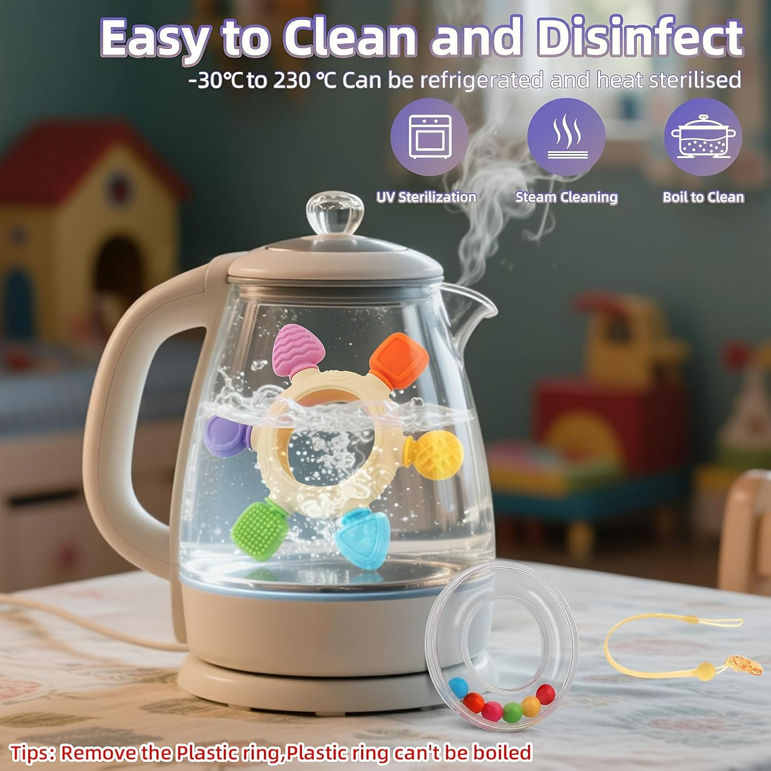 Baby Teething Toys for 0-12 Months- Silicone Rudder Teether Toy with Rattle Rings - BPA Free Sesory Montessori Toy for Soothing Sore Gums & Pain Relief - Easy to Clean Baby Shower Essentials Xmas Gift image number 6