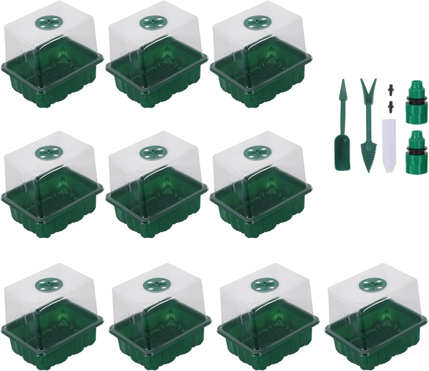 FUNOMOCYA Breathable Plastic Seedling Tray Kit 6-Cell Raised Green Propagation Box with Lid 10Pcs Seed Starter Trays with Markers for Indoor Gardening and Vegetable Germination image number 1