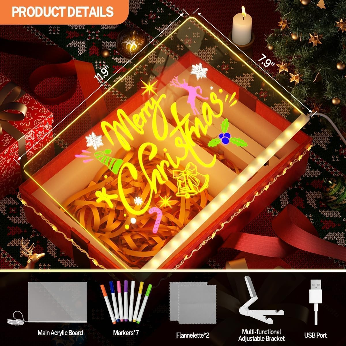 LED Drawing Board for Kids &ndash; 2025 Upgraded Light up Drawing Board with 7 Color Pens | Rewritable Glow Message Pad, Creative LED Art Board for Home, Office & Caf&eacute; (30X20Cm) image number 3