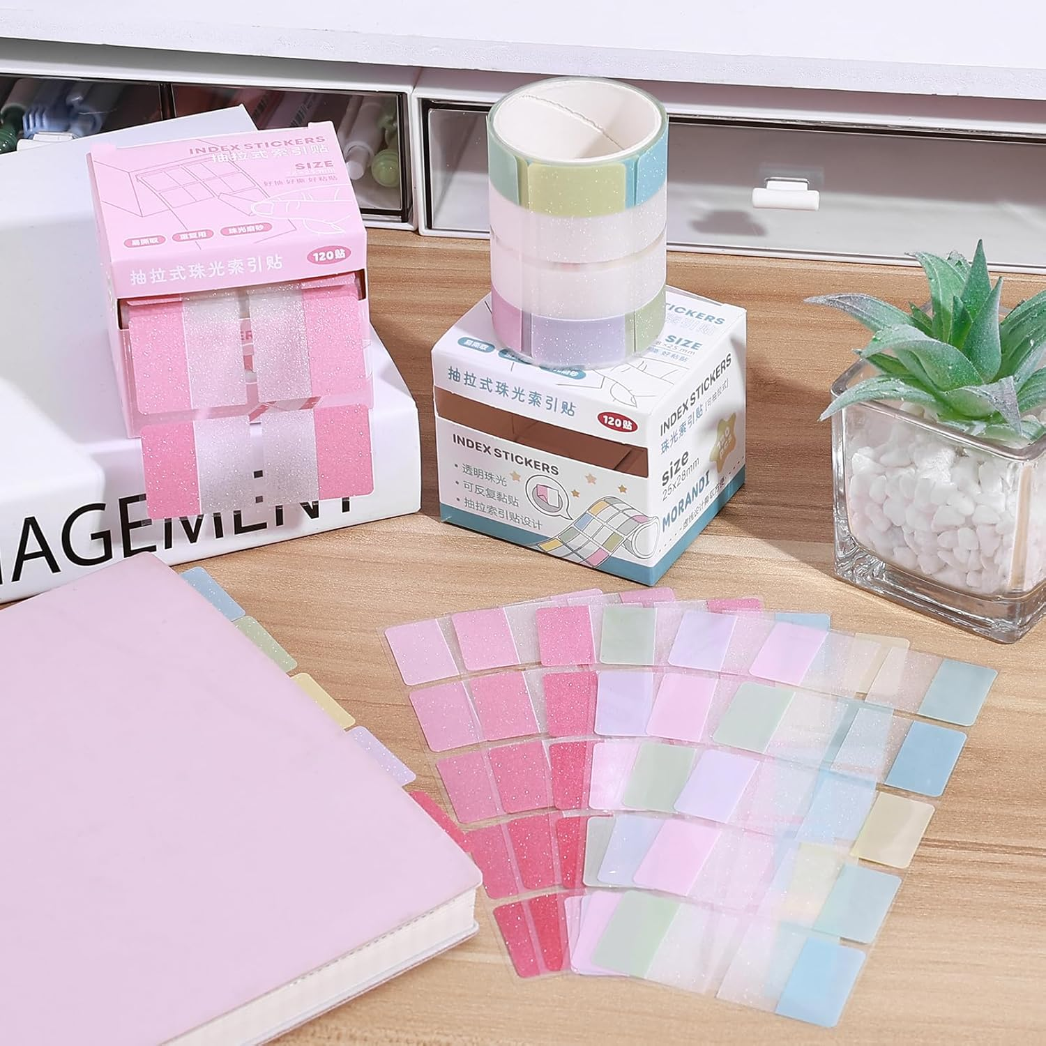 BAYTORY 240 Sheets Transparent Sticky Note, 11 X 9.8 Inch Pop-Out Book Annotating Tabs Glitter Roll Tape with Pull Out Dispenser Boxes, Memo Pads Sticker Label for Noting Writing (Pink & Colored)