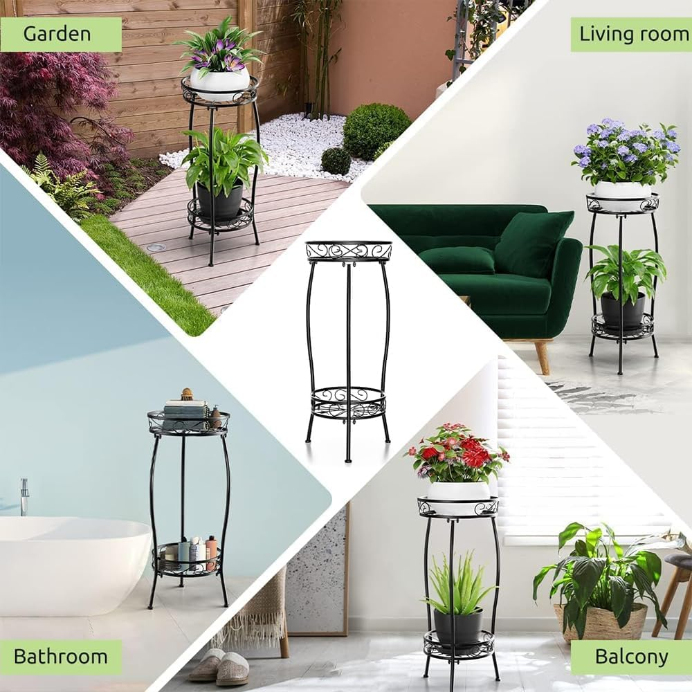 2-Tier Tall Metal Plant Stand &ndash; Indoor Outdoor Heavy Duty Plant Holder Shelf, Rustproof Flower Pot Rack for Corner, Patio, Balcony, Garden, Office (Black) image number 4