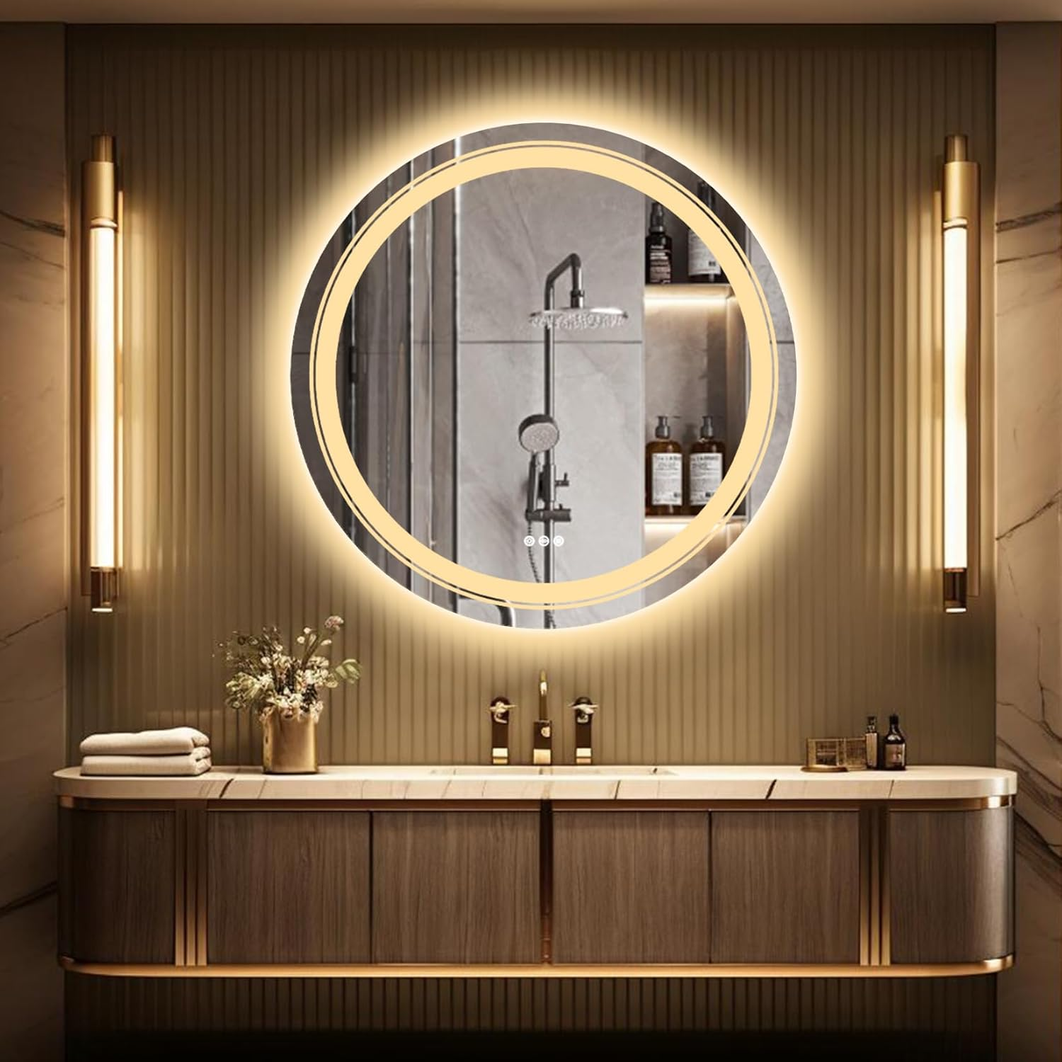 LUVODI round Illuminated Bathroom Mirror: 600Mm Dimmable LED Lighted Circle Wall Mounted Vanity Mirror with Demister Pad Smart Touch Sensor for Makeup Shaving Hairdressing, Front Lighted + Backlit - Front+Backlit image number 3