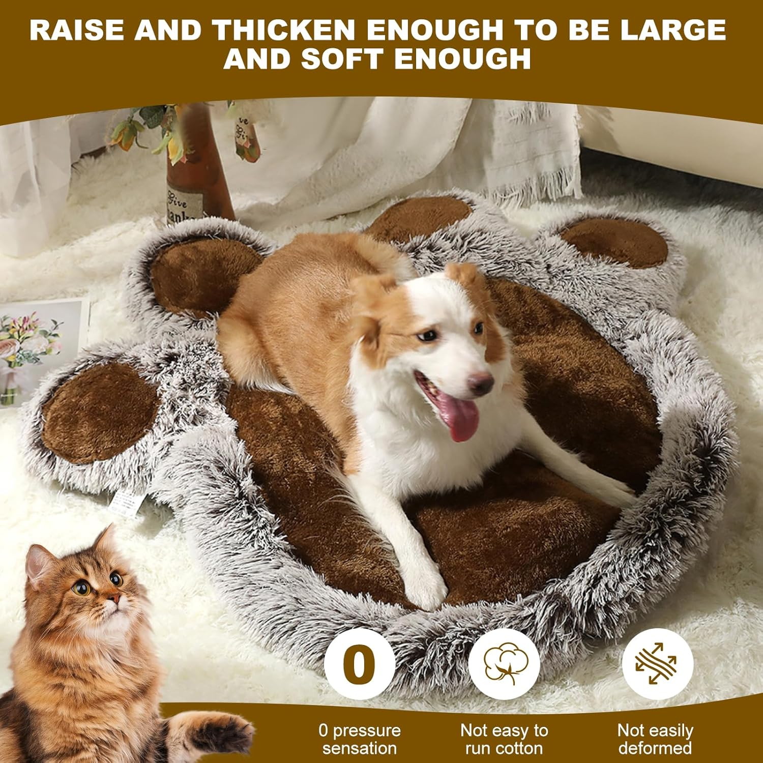 Plush Paw-Shaped Pet Bed, Brown and Grey, Soft Faux Fur Cushion for Dogs and Cats 60 * 70Cm(M) image number 1