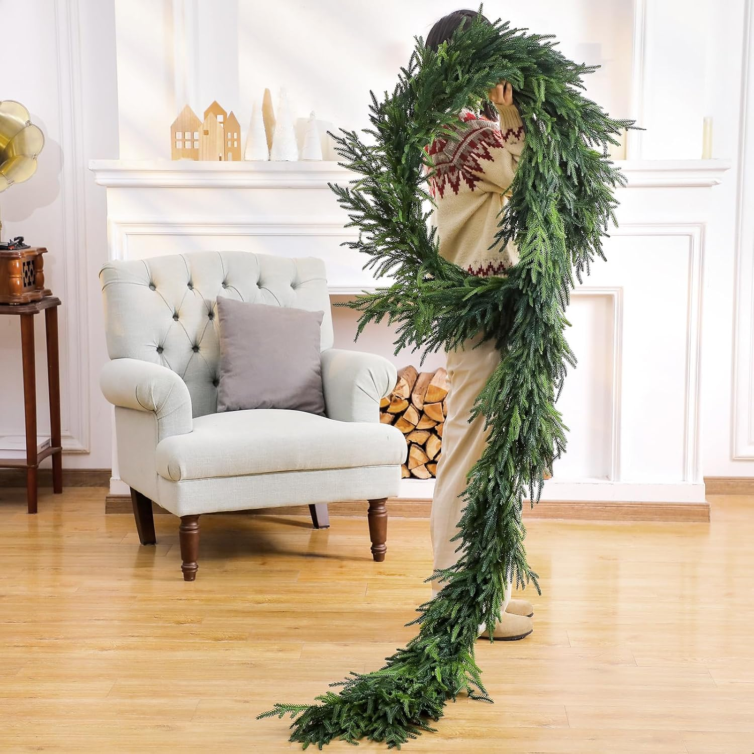 Jutom 9 Feet Christmas Deluxe Norfolk Pine Garlands Realistic Norfolk Pine Faux Greenery Garlands for Holiday Mantle Table Indoor Outdoor Wedding Christmas Decor(2 Pcs) image number 3