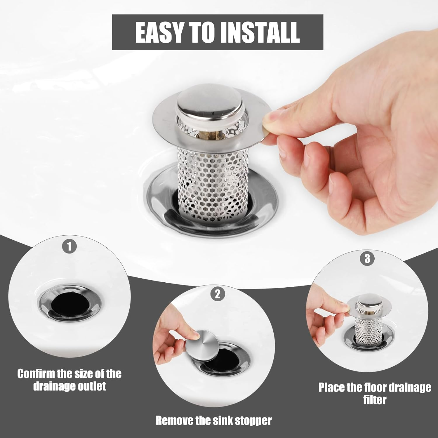 Stainless Steel Floor Drain Filter, Short-Styled Pop-Up Sink Drain Filter Multifunctional Bathtub Sink Drain Strainer Bathroom Sink Stopper for Kitchen Bathroom Supplies image number 4