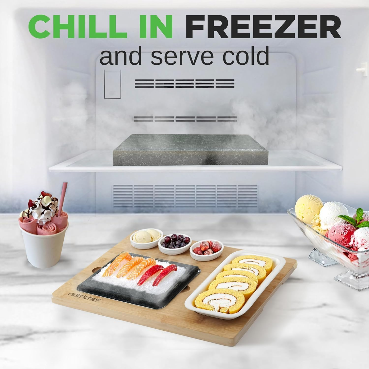 Nutrichef Sizzle Hot Stone Cooking Set with Bamboo Platter, Ceramic Sauce Bowls & Stainless Steel Tray &ndash; Tabletop Grill for Steak, Seafood & Dining Entertainment image number 4