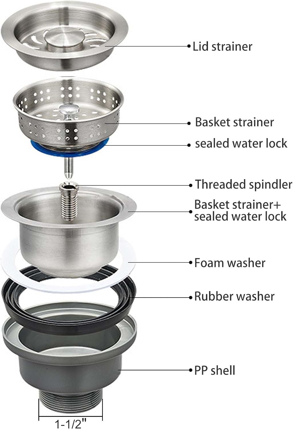 Qruilantu 3-1/2'' ﻿Kitchen Sink Drain Kit Sink Drain Basket Sink Drain Assembly 304 Stainless Steel Sink Strainer Drain Basket Replacement Fit Standard Sink Drain Hole - Gray+Tailpiece image number 4