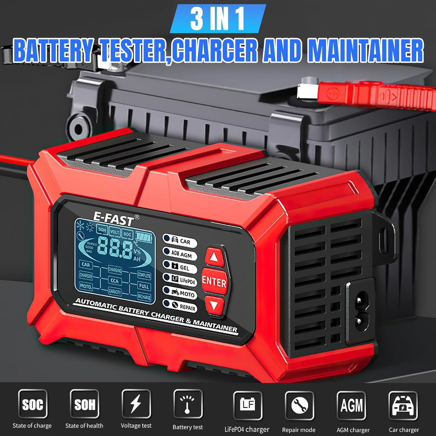 B-Qtech 12V/6A Smart Automatic Battery Charger with Tester/Maintainer Function, LCD Display for Car, Truck, Motorcycle, Lawn Mower, Boat, RV, SUV, ATV image number 4