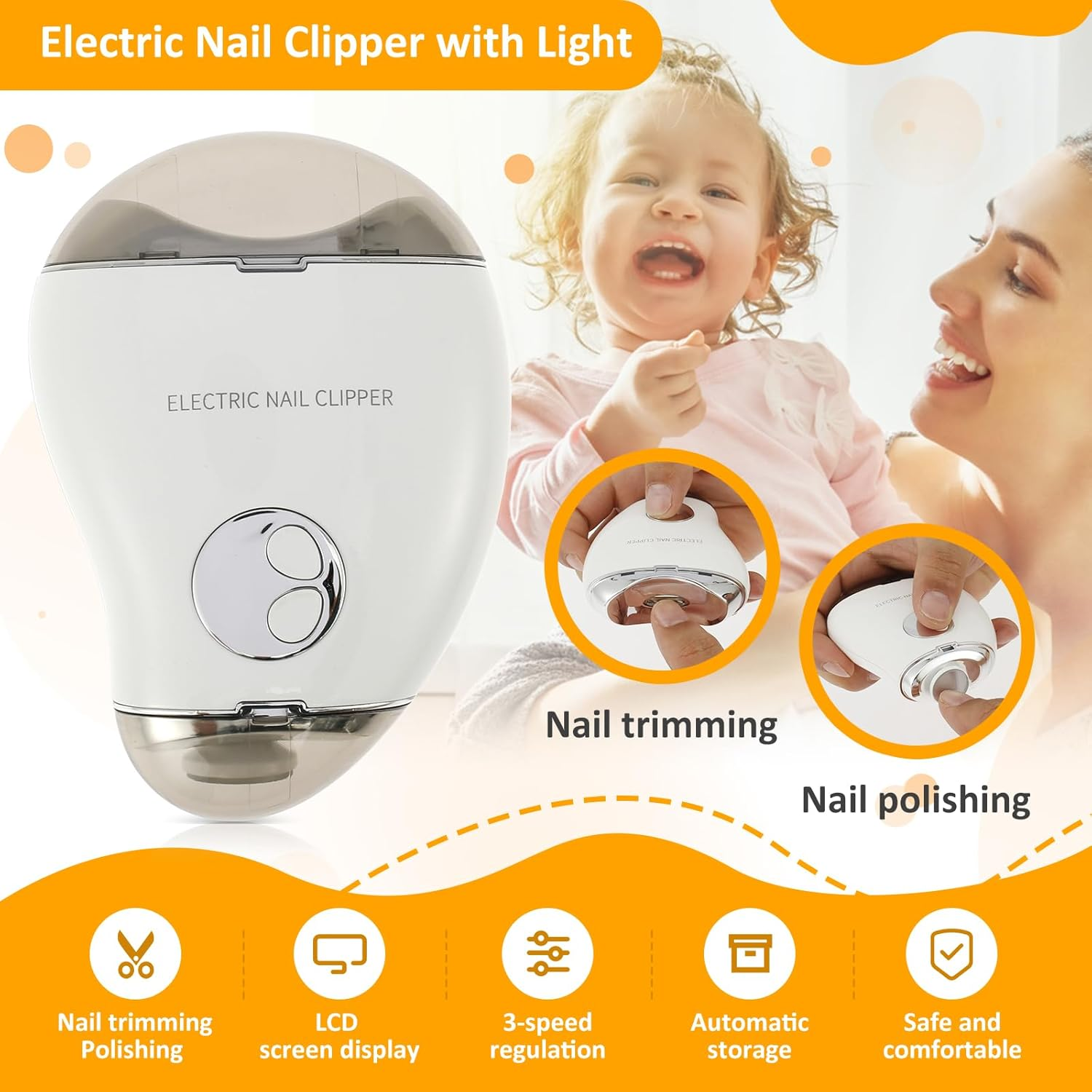 Electric Nail Clipper, 3 Speeds Levels Electric Nail Trimmer with Nail Clip Storage Rechargeable Automatic Nail Clipper Portable Electric Fingernail Cutter Safety Fingernail Trimmer for Adult Kids (White) image number 1