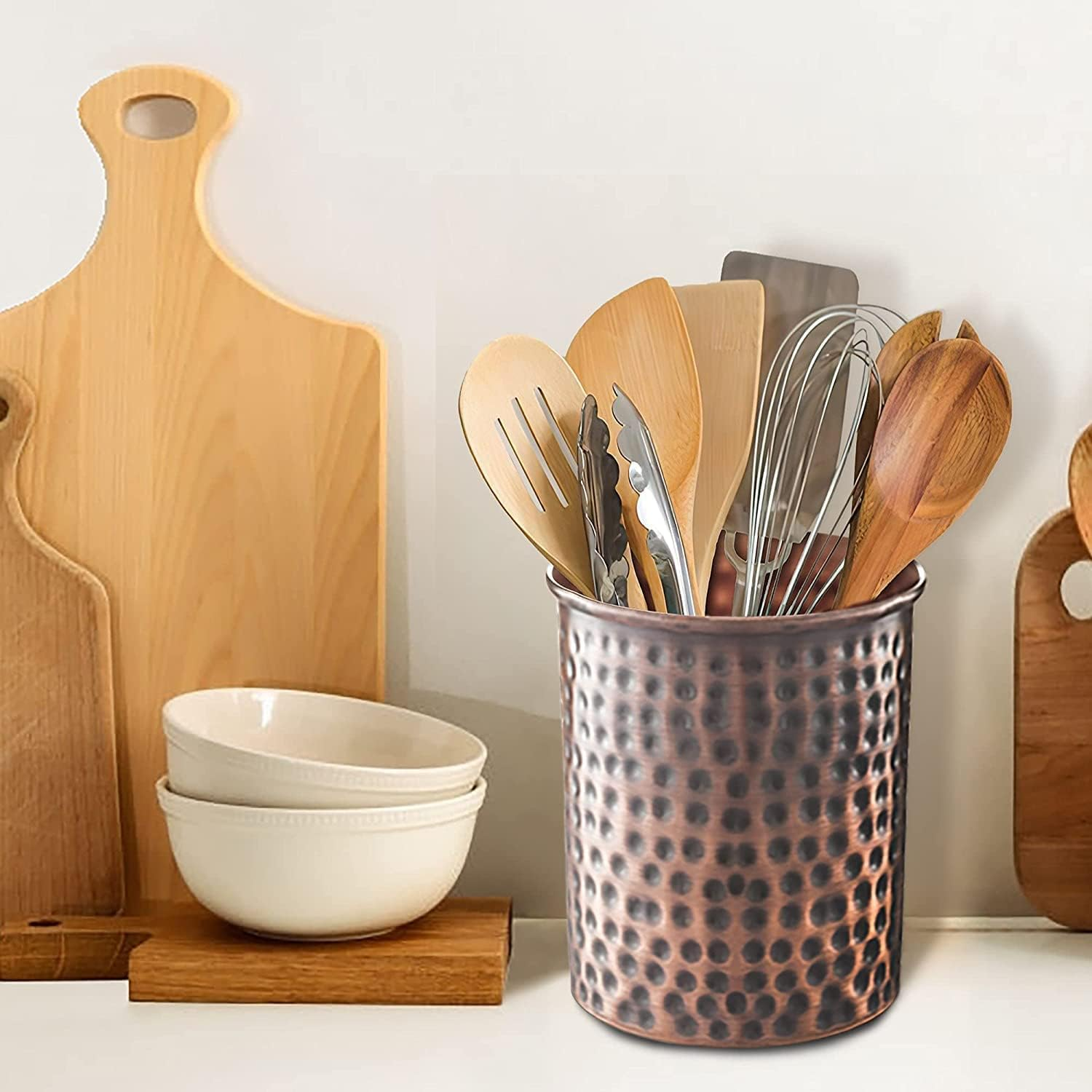 Monarch Abode Hand Hammered Kitchen Utensil Holder for Kitchen Counter, Spatula, and Large or Small Spoon Holder, Decorative Cooking Utensil Crock Organizer for Countertop, Antique Copper Finish image number 4