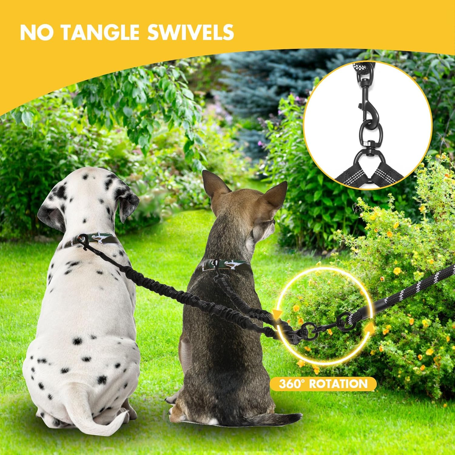 BAOBOTE Pet Double Dog Leash, Shock Absorbing Reflective Bungee Lead Walk 2 Dogs with Ease, 360&deg; Swivel No Tangle Double Dog Walking & Training Leash, Dual Dog Leash for 6-120Lbs Dogs (Black) image number 4