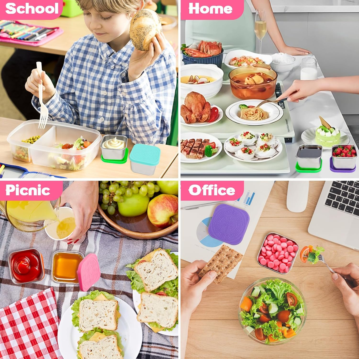 Pack of 6 Stainless Steel Small Food Containers, 180 Ml Stackable Snack Pots with Leak-Proof Silicone Lid, Reusable Food Storage Containers, Snack Boxes for Snack, Salad, Dressing image number 2