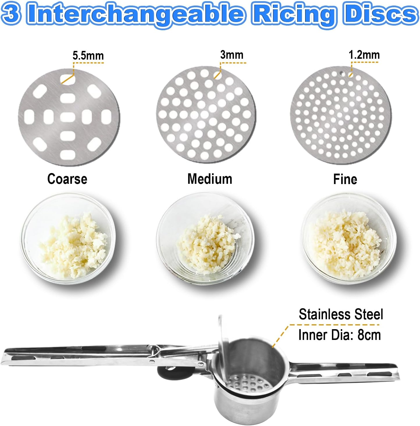 Potato Ricer with 3 Interchangeable Discs Large Mashed Potatoes Ricer Stainless Steel Kitchen Press and Mash Tool Heavy Duty Potato Masher Squeezer Kitchen Gadget Easy to Clean image number 1