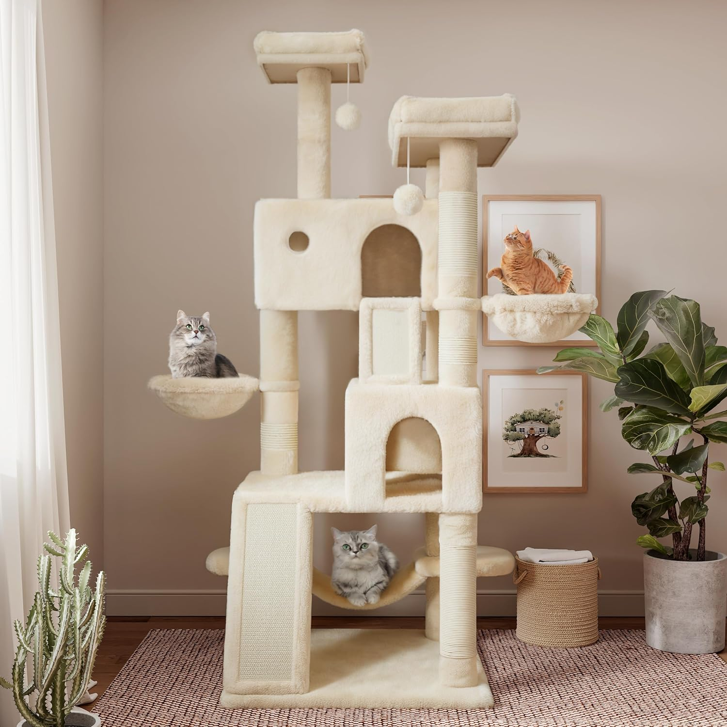 SHA CERLIN 65In Larger Cat Tree Tower Condo for Indoor Cats, Multi-Level Furniture Activity Center with Wide Base/Cozy Plush Cat Perches/Baskets/Sisal Scratching Posts and Hammock/Beige image number 6