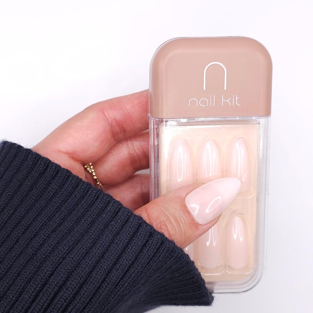 Nka Press on Nails Kit - 28 Premium Quality False Acrylic Fake Nail Set Includes Nail Glue Sticky Tabs Reusable Case -Ombre Pink Medium Almond Press on Nail -Pink Shine