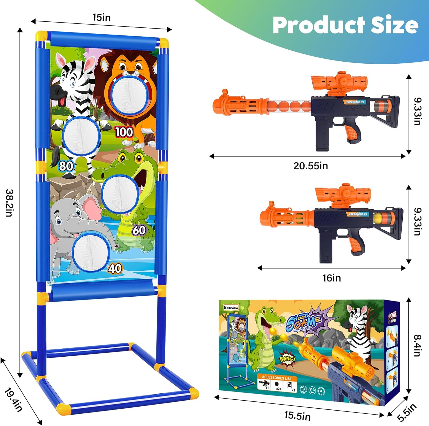 Shooting Game Toy for 5 6 7 8 9 10+ Years Old Boys Girls, 2Pk Foam Popper Air Guns with Animal Shooting Target and 24 Foam Balls Bullet,Indoor Outdoor Activity Games, Birthday Gifts for Kids,Teens image number 6