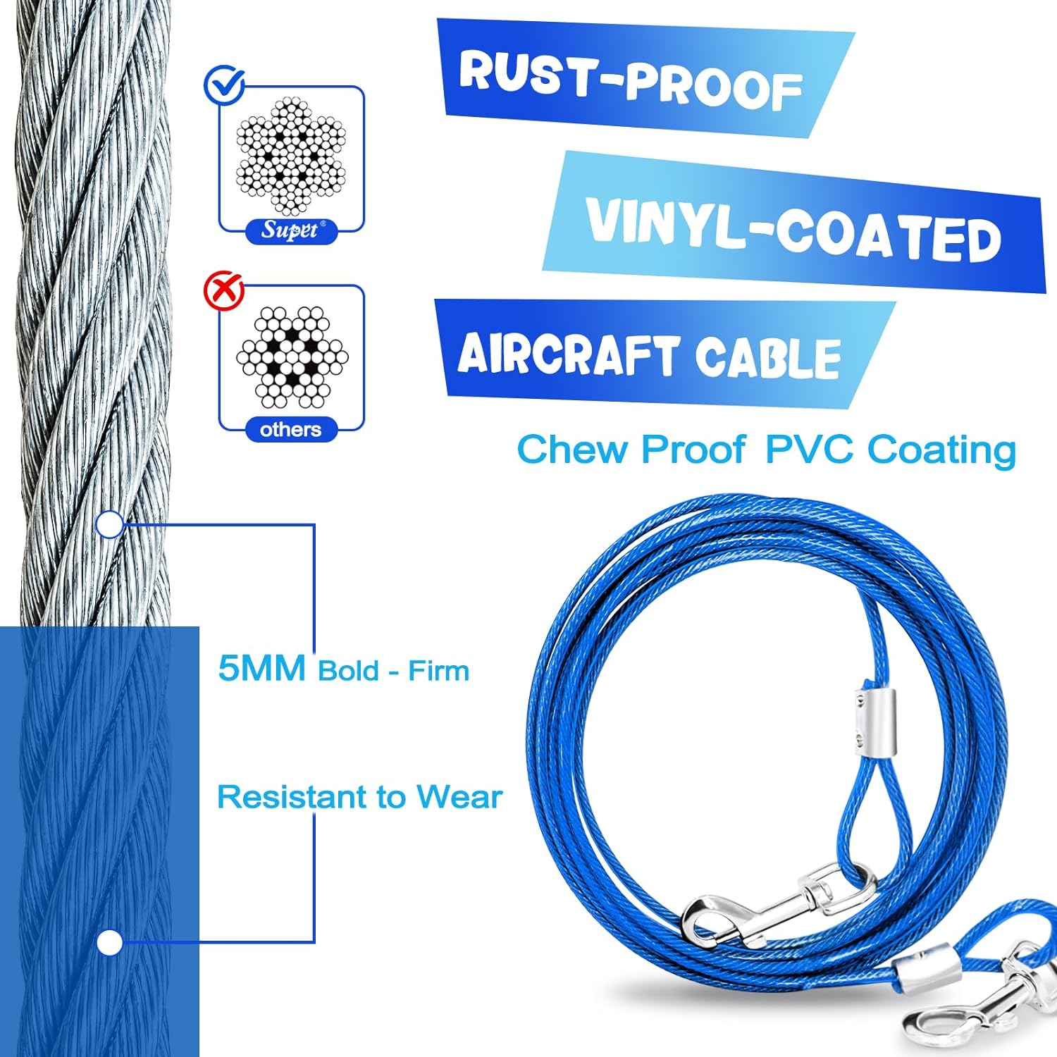 Dog Tie Out Cable and Stake 32 Ft Outdoor, Yard and Camping, for Medium to Large Dogs up to 125 Lbs, 16" Stake, 32 Ft Cable with Durable Spring and Metal Hooks for Outdoor image number 4