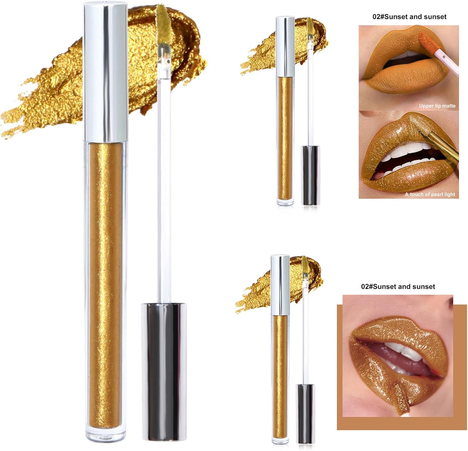 Yeahdor Metallic Glitter Liquid Lipstick Smudge Proof Waterproof Lip Gloss Long Lasting Vibrant Color Non Stick Cup Lightweight Feel Gold One Size