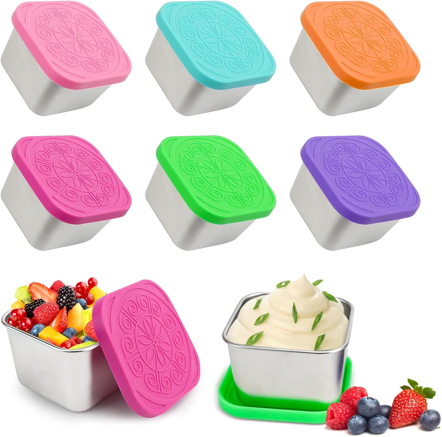 Pack of 6 Stainless Steel Small Food Containers, 180 Ml Stackable Snack Pots with Leak-Proof Silicone Lid, Reusable Food Storage Containers, Snack Boxes for Snack, Salad, Dressing