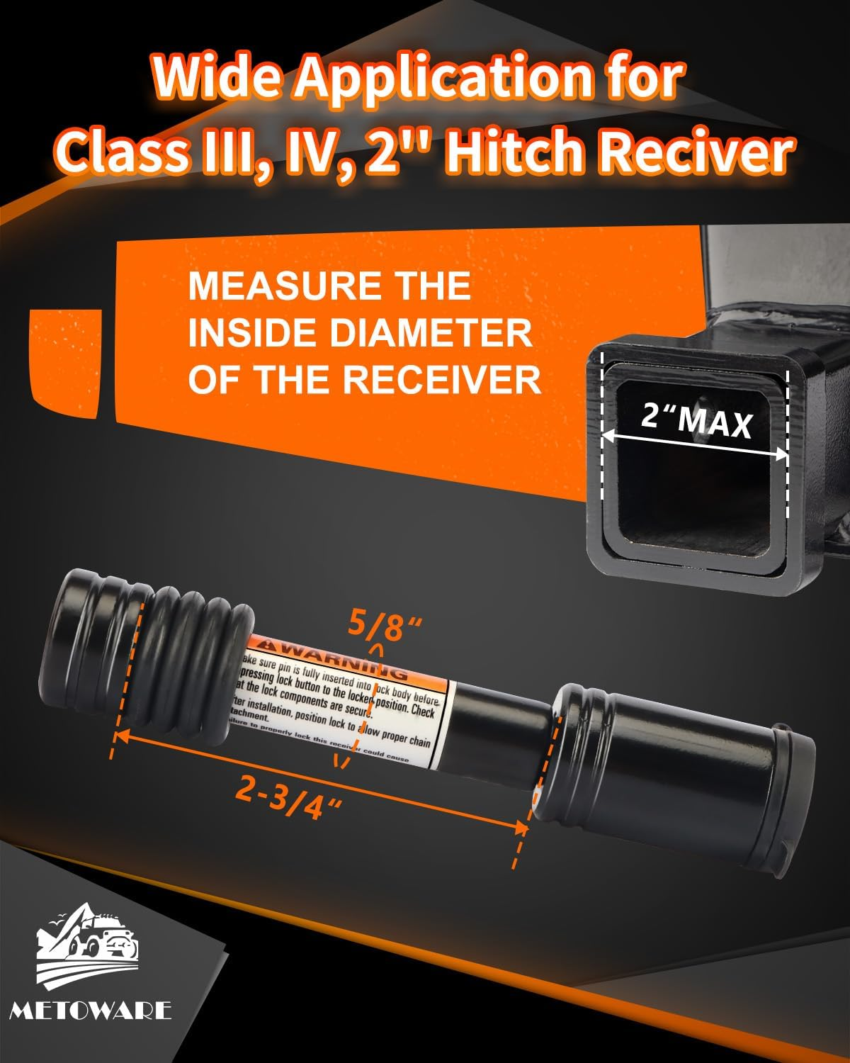 METOWARE Trailer Hitch Lock - 5/8" Dia Locking Receiver Pin, Fits 2" Receiver Tubes, Class III & IV Hitch Receivers, Anti-Theft Trailer Receiver Lock, Black (1 Pack) image number 2