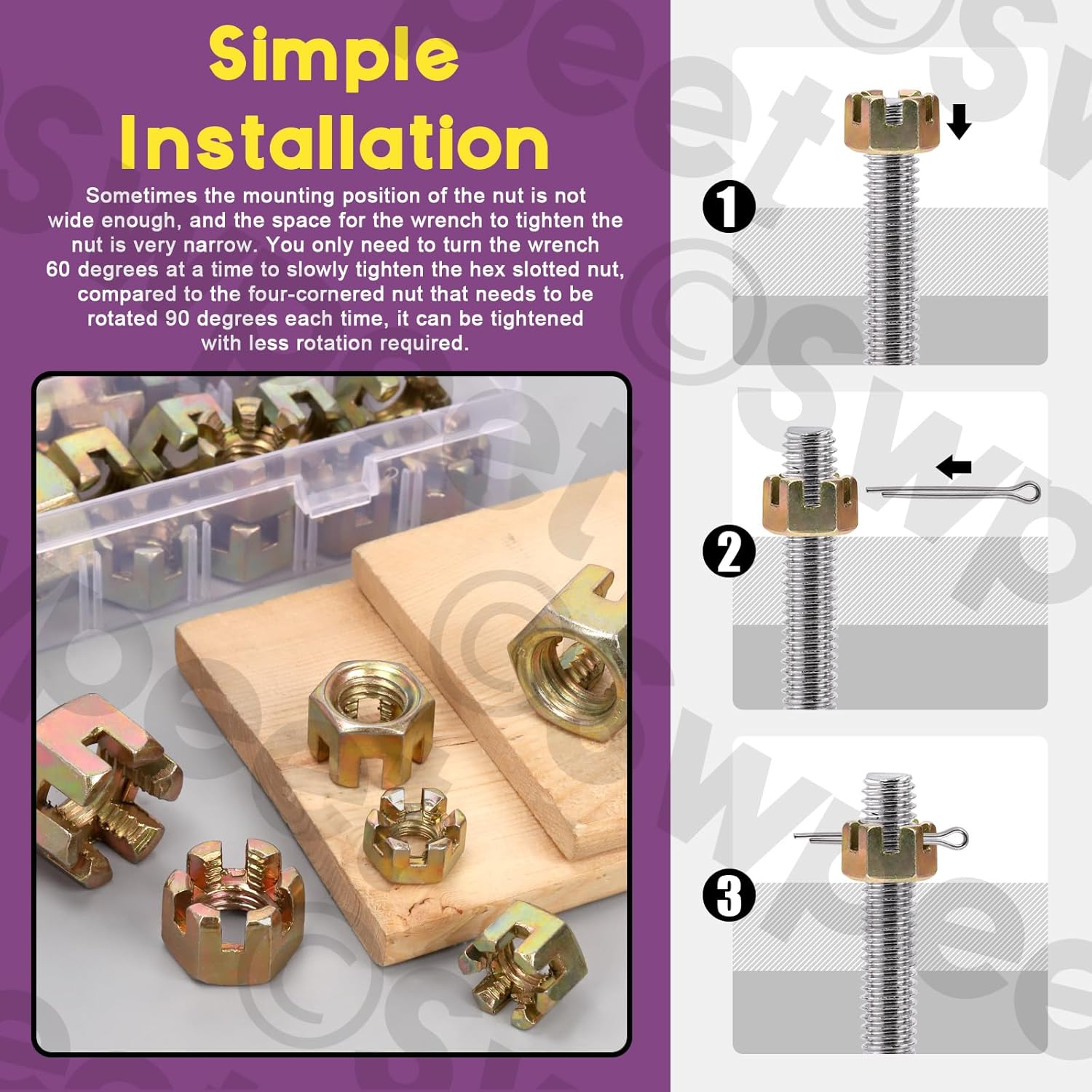 Swpeet 60Pcs 6 Sizes Color Zinc Grade 4.8 Carbon Steel M10 M12 M14 M16 M18 Hexagon Slotted Nuts Assortment Kit, Hex Castle Nuts Hex Nuts for Moto Car Furniture Fasteners Repair
