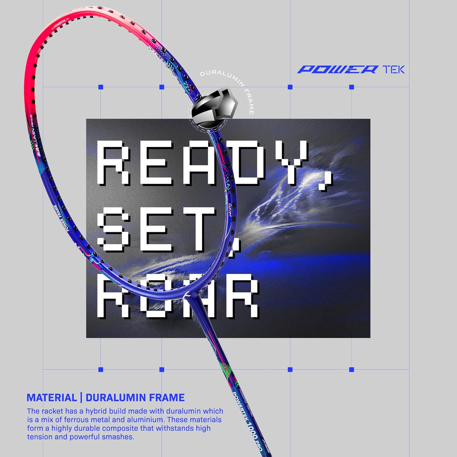 HUNDRED Powertek 1000 PRO Graphite Strung Badminton Racket with Full Racket Cover - Navy/Orange image number 2