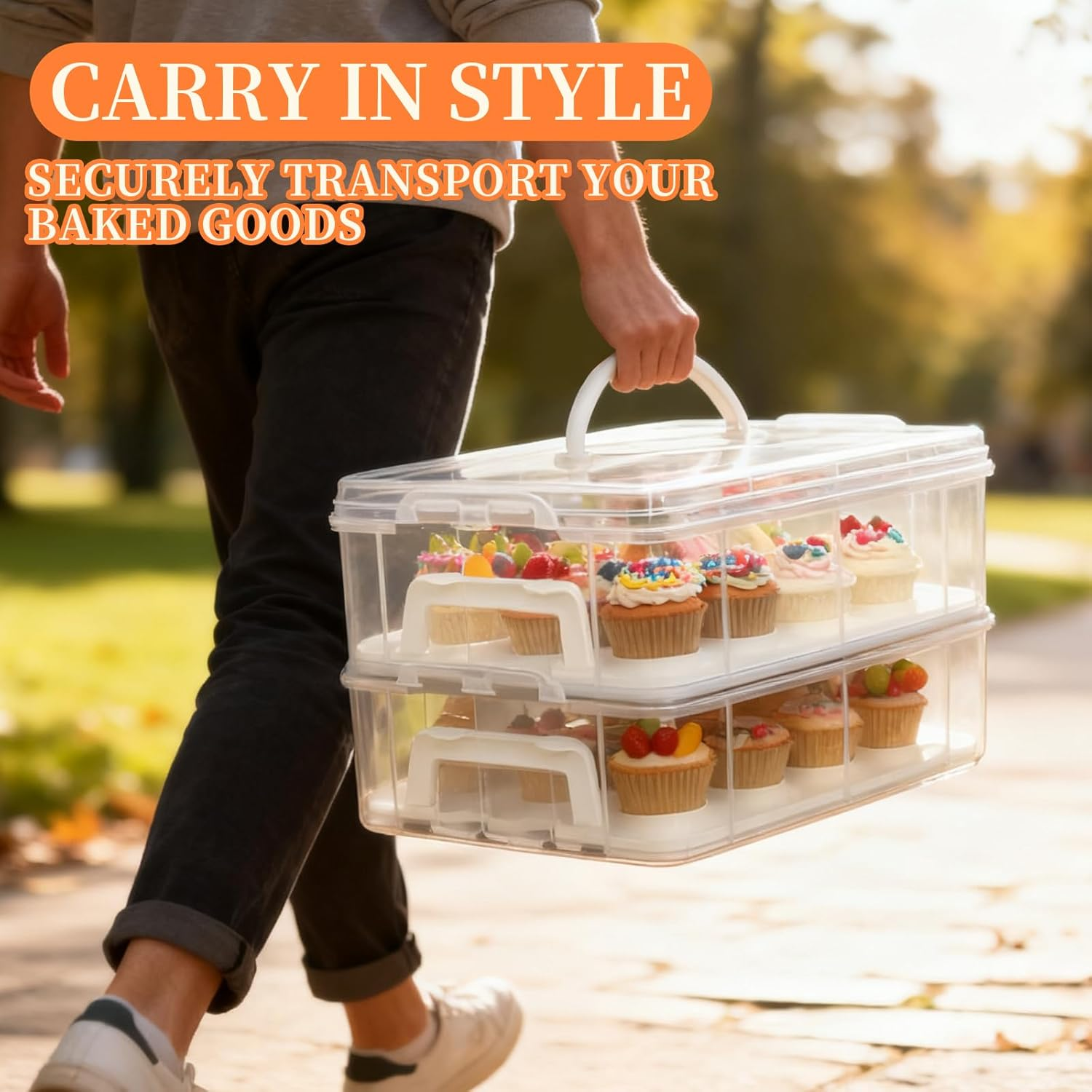 NNAKLLI Plastic Cupcake Carrier, Stackable Cupcake Holder Carries with Lid & Handles, Fruits, Cookie, Cake, Cupcake and Brownie Storage Carrier, Reusable Cupcake Boxes (Transparent, 24 Holders) image number 6