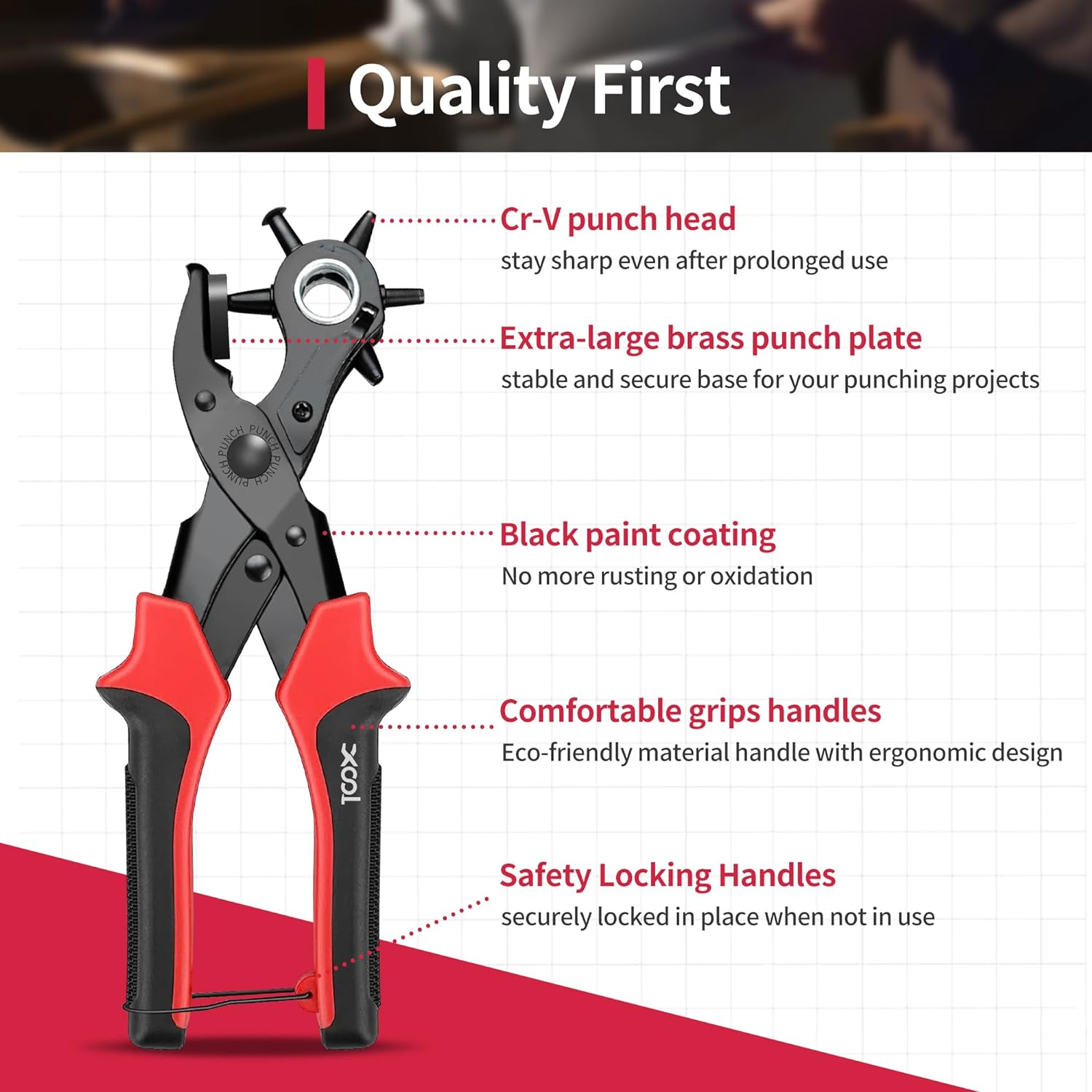 Revolving Punch Plier Kit Punch Hole Tool Including Punch Plier Brass Pad Screwdriver and Grinding Rod for Belt Saddle Watch Strap Shoe Fabric Paper Etc image number 3