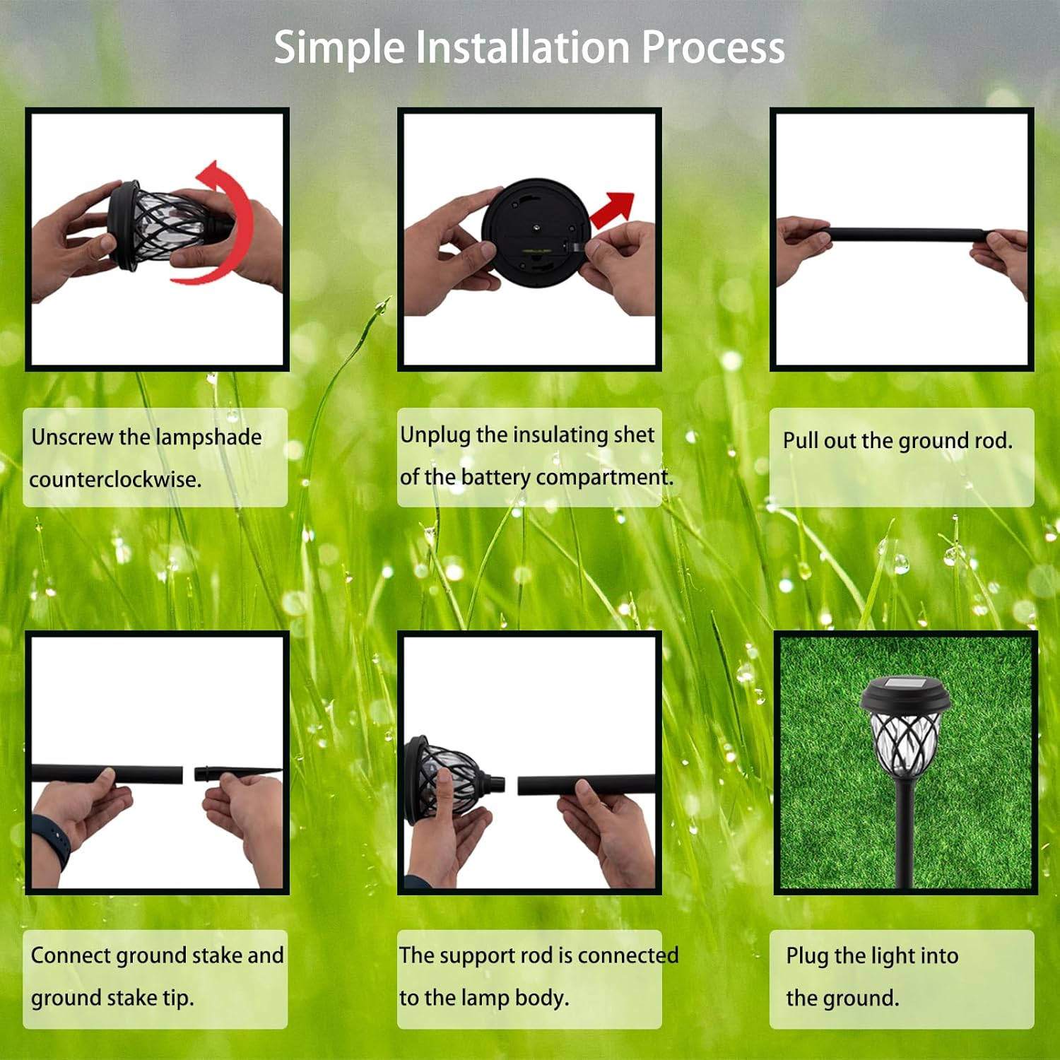 Zarek 6 Pack Solar Pathway Lights, Outdoor White LED, IP44 Waterproof, 16.5In, 6 Hours Lighting, Black, Solar Garden Lights image number 1