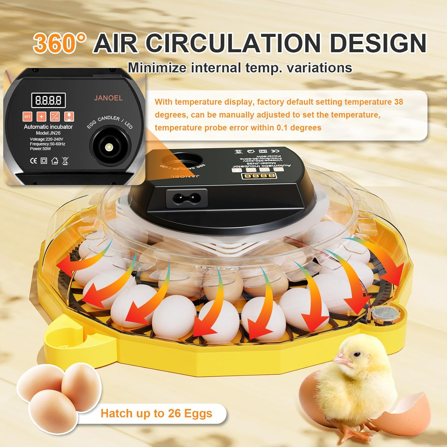 AUTENS 26 Egg Automatic Incubator for Chicken Duck Quail Goose Eggs - Digital Thermostat Humidity Control, Auto Egg Turning & LED Candler, Clear View Window, Overheat Protection image number 6
