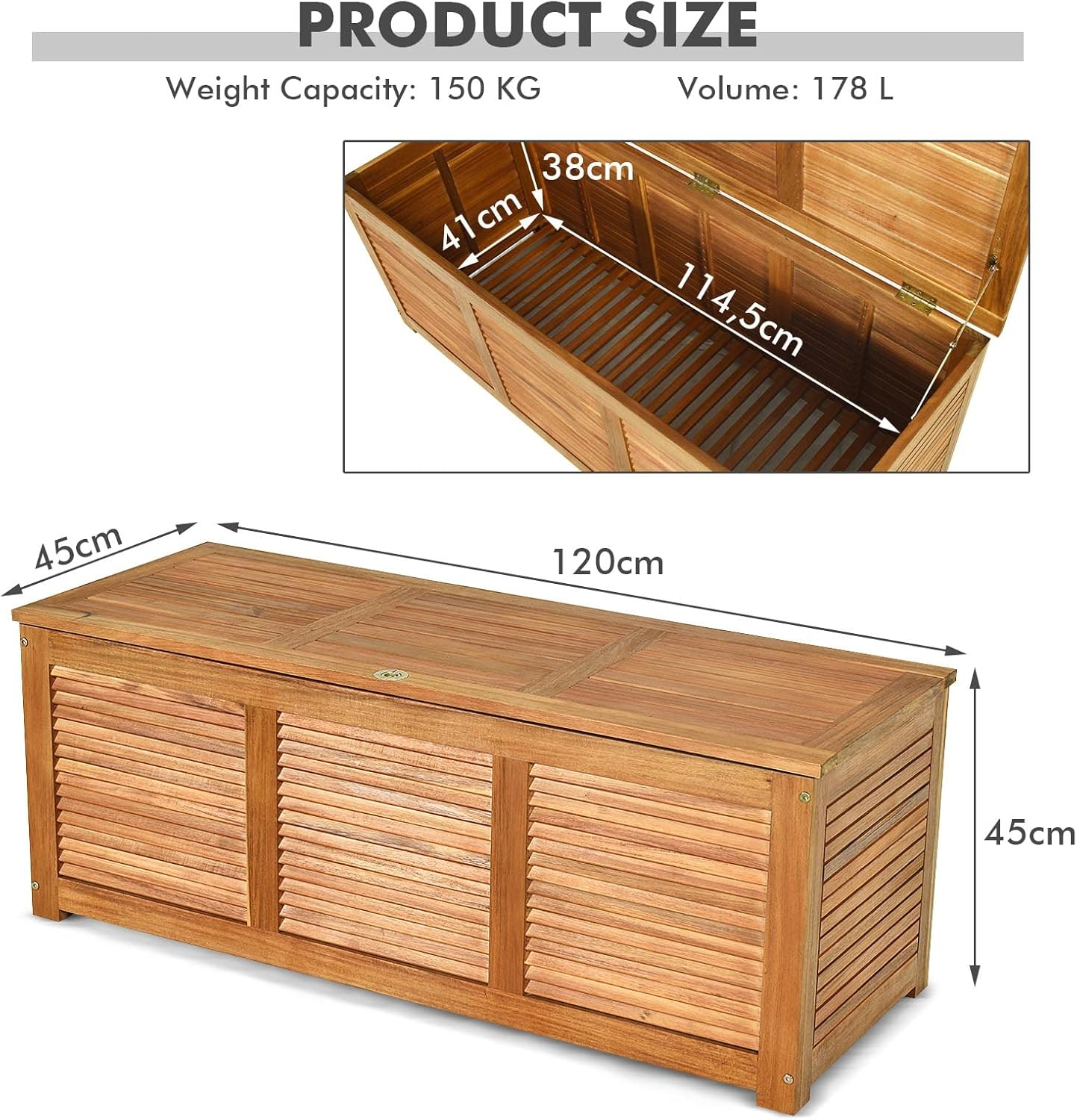 Costway Outdoor Acacia Wood Storage Bench, Garden Backyard Storage Box, Outdoor Storage Container for Patio Furniture Cushions and Gardening Tools image number 5