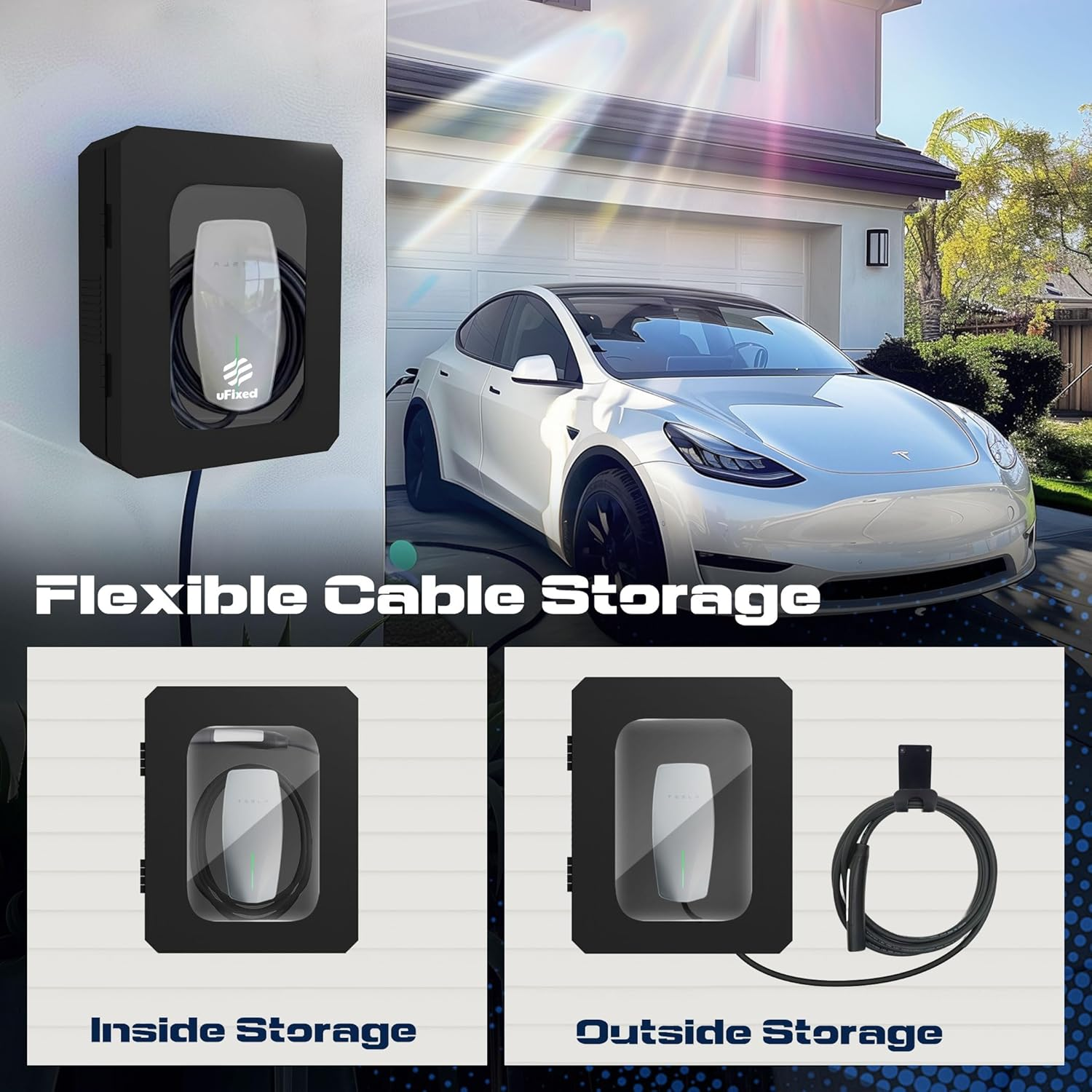 Weatherproof Outdoor EV Charger Enclosure Box with Lock for Tesla Wall Charger Connector with Cable Organize Holder | Visible Sun Protection Easy to Install, Black image number 2