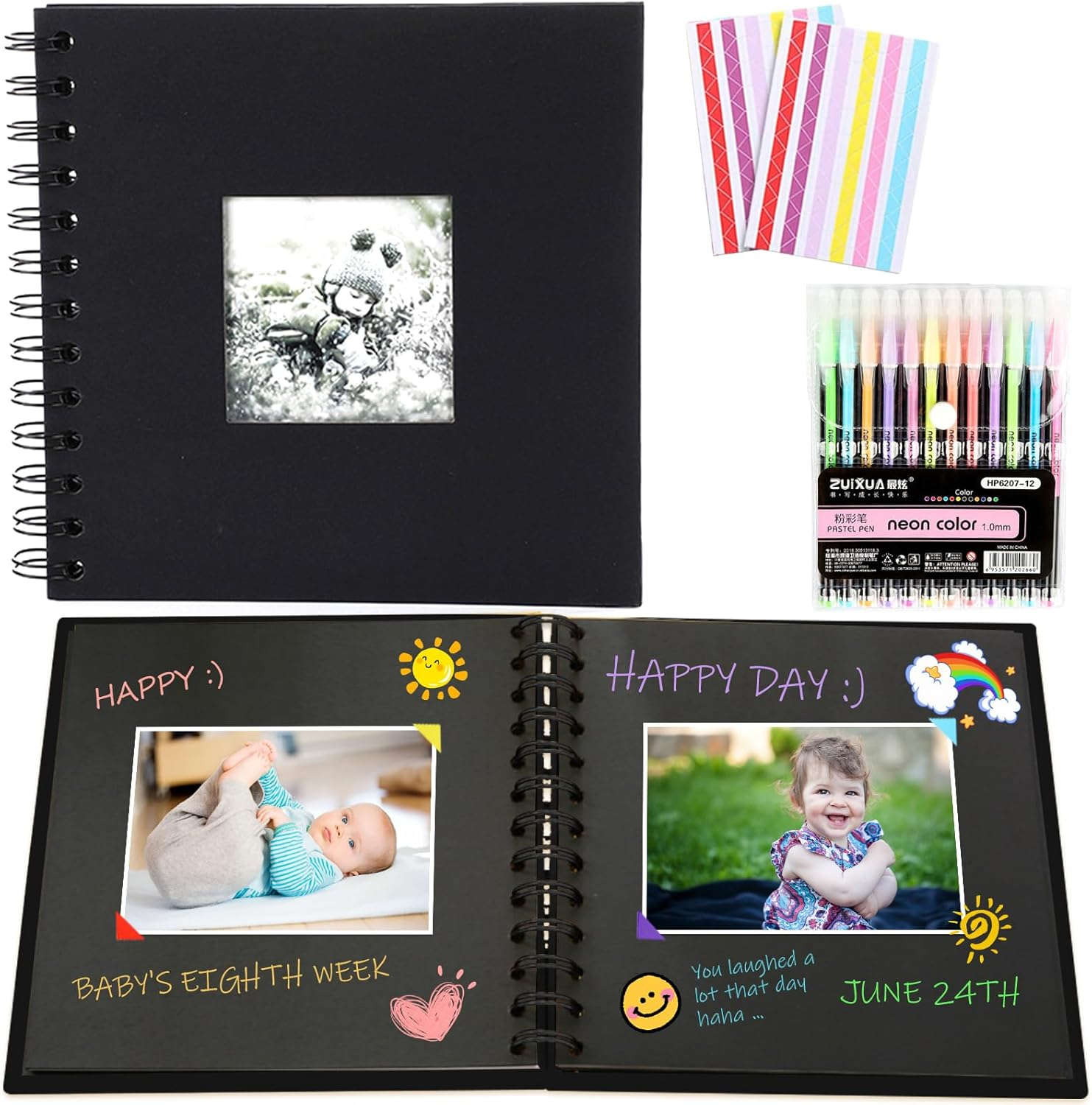 2 Pack Scrapbook Photo Album, 230Gsm Black Square Scrap Book with Colored Pencil and Corner Sticker - Ideal for Kids Adullts Baby Scrapbooking Arts Crafts Travel Adventure Couples DIY