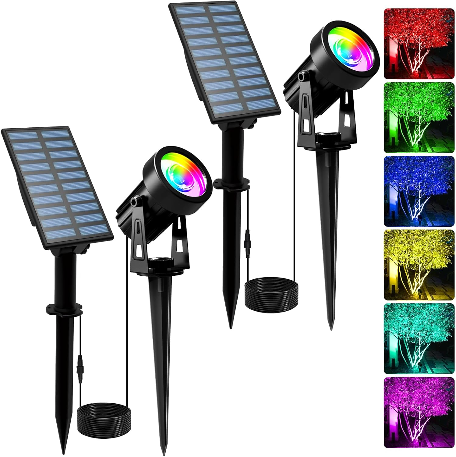 T-SUNUS Solar Spotlight for Outdoors, 2-In-1 Solar Garden Lights, Coloured 6 Colour Changing IP65 Waterproof Solar Lights for Outdoor Garden RGB for Tree Spotlight Path Yard Garage