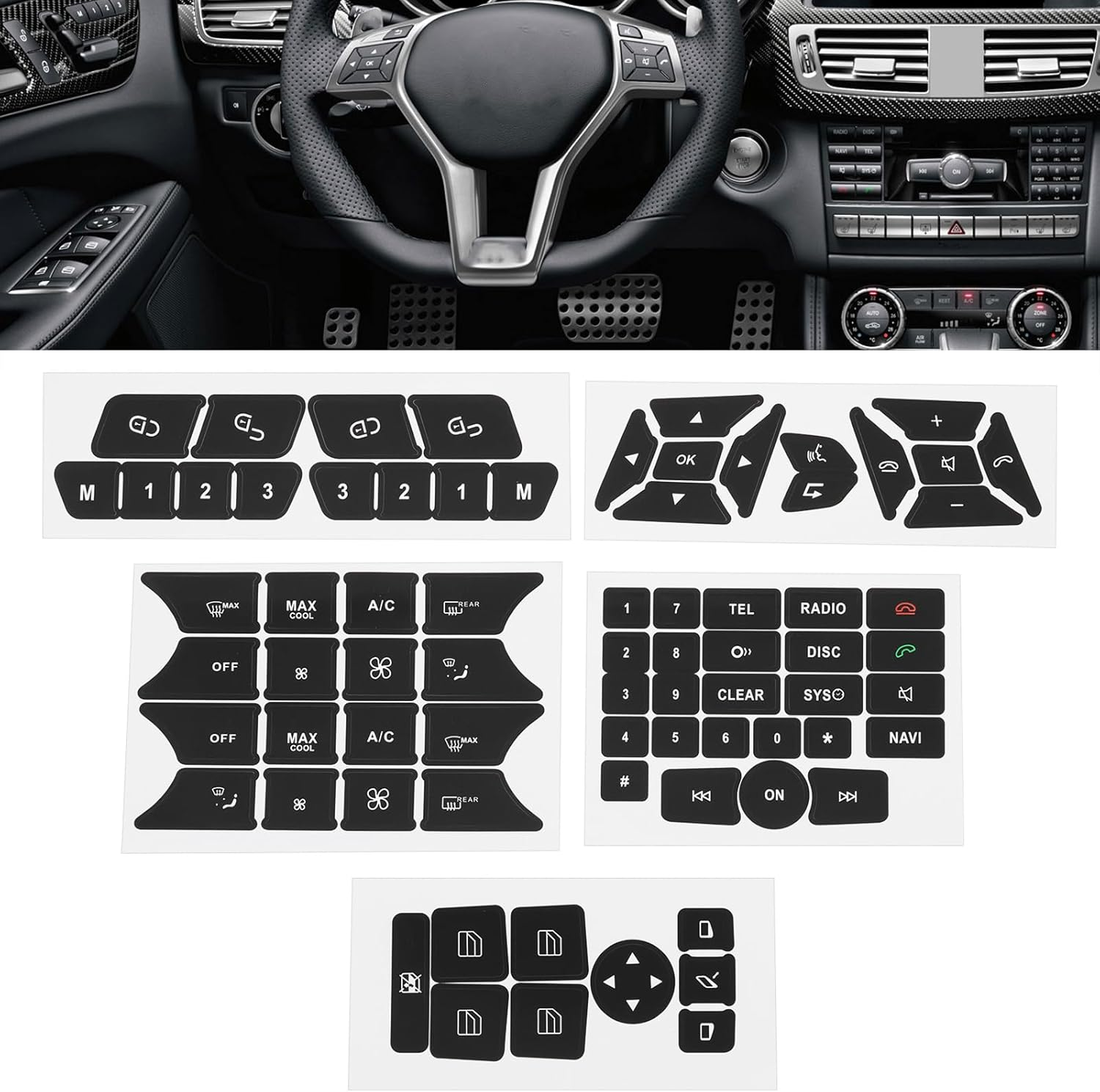 Car Repair Button Sticker Kit Door Center Console, Multimedia Control Panel Seats Compatible with Mercedes-Benz V2 (Set 1)
