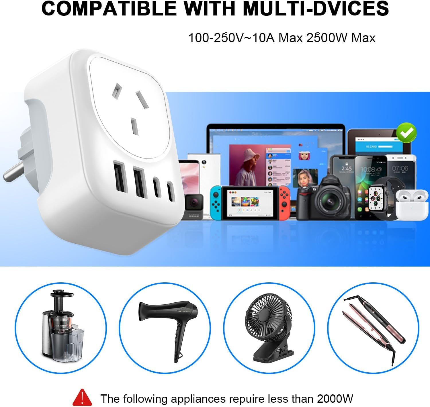 RXSQUL AU to EU Travel Adapter, Australia to European Travel Plug Adaptor, Europe Ground Outlet with Type E/F Plug and 4Xusb for AUS to Bali Germany Spain France Greece Netherlands Turkey image number 5