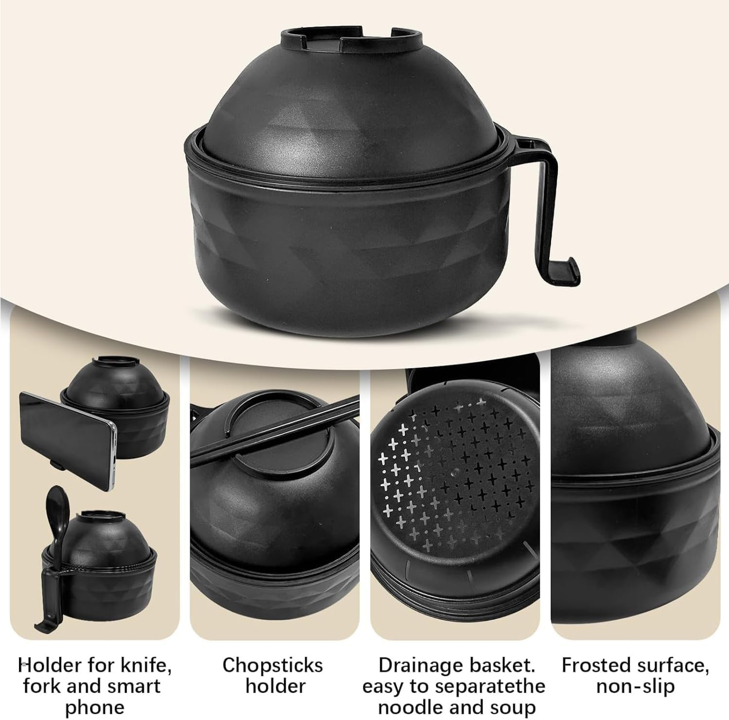 Yharnamite 6 Pcs Ramen Bowl Set, Ramen Noodle Bowls with Chopsticks, Spoon, Fork, Strainer and Lid, Microwave Ramen Cooker, Ramen Pot Set for Dorm Room, Apartment, Home, Office (Black) image number 2