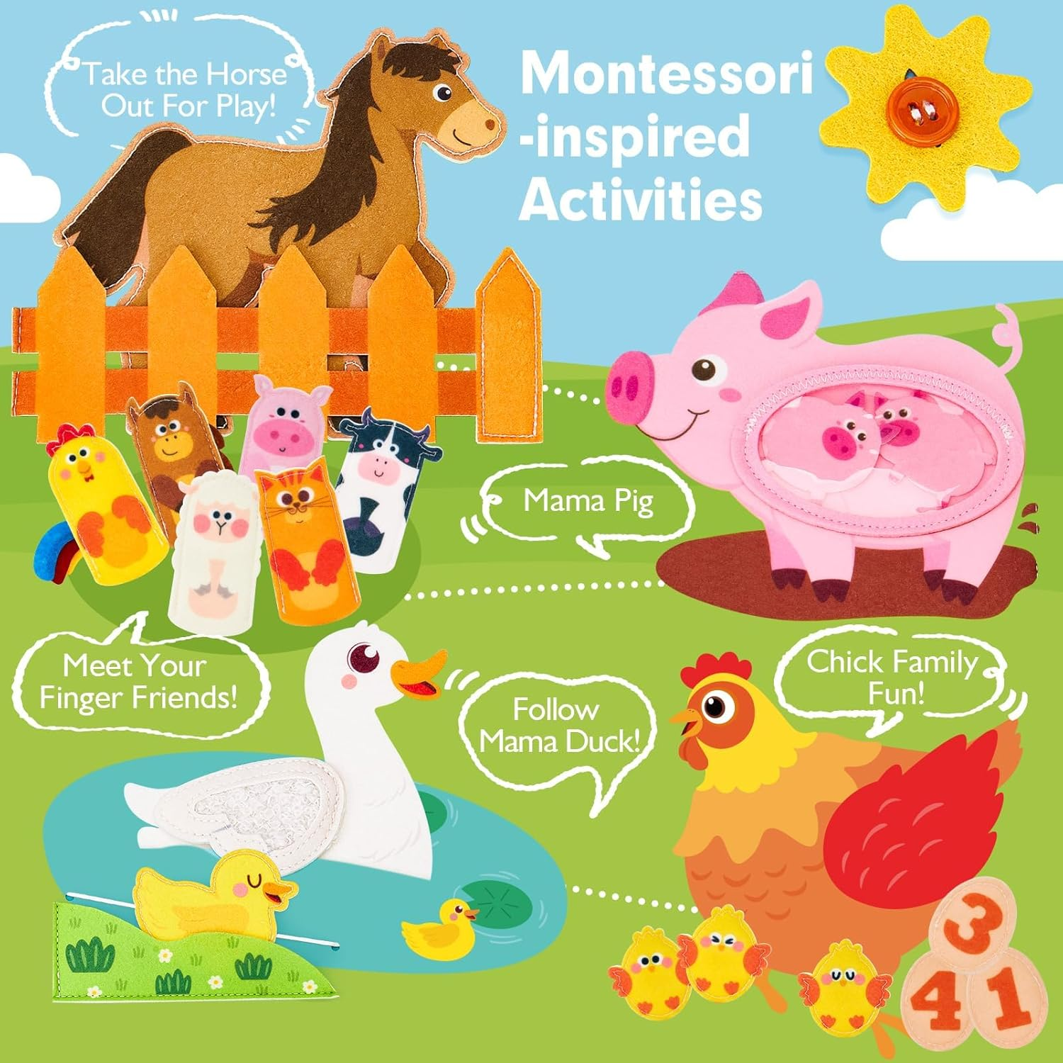 Farm Animals Quiet Busy Board Montessori Toys for Toddlers 1-3, Educational Felt Activity Book Develops Fine Motor Skills, Travel Learning Toy for Airplane Car, Boys & Girls image number 6