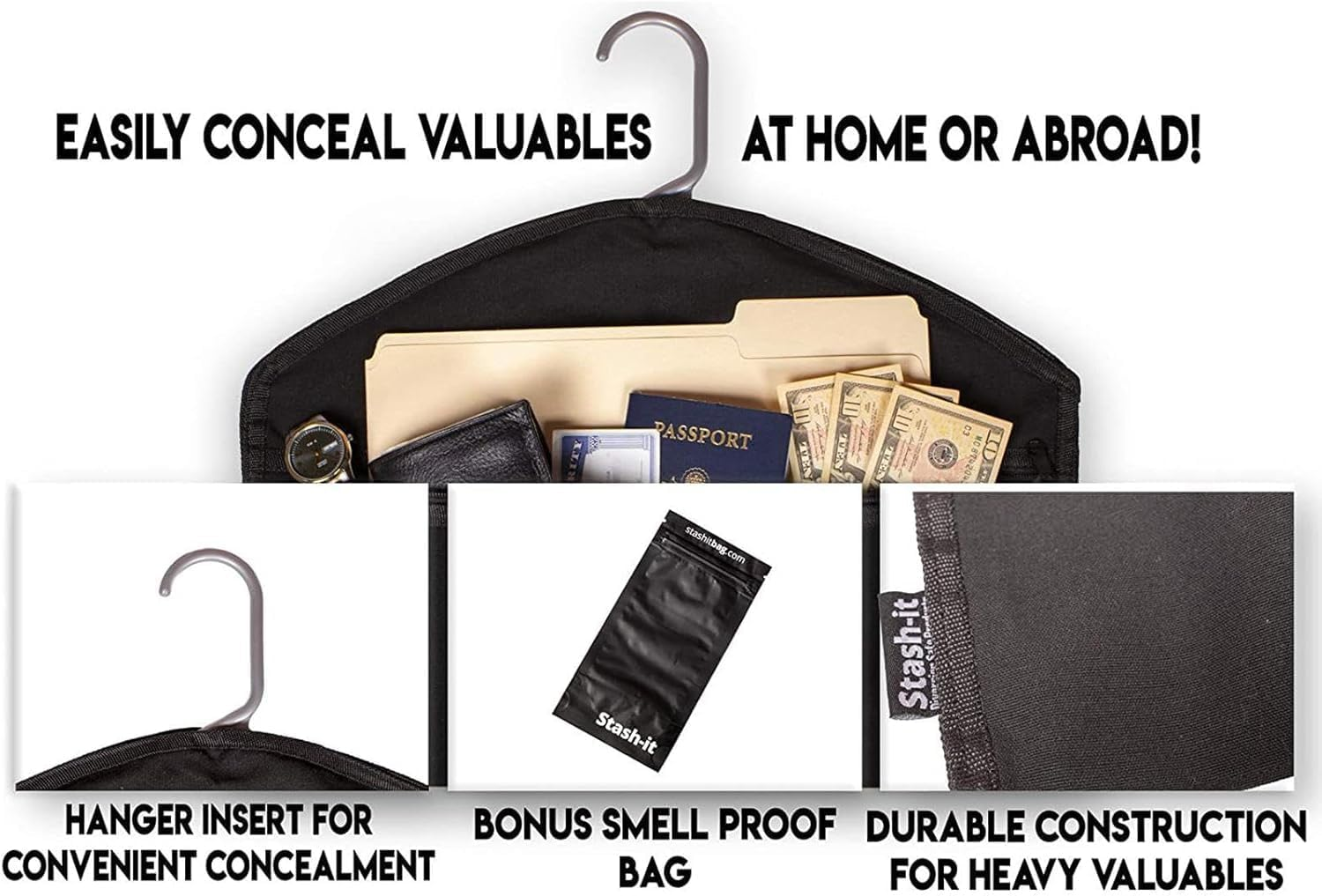 Coehaopike Hanger Diversion Safe - Water-Resistant Hidden Pocket Safe, Hides under Hanging Clothes | Diversion Hanger Fireproof Safe with Pocket to Hide Valuables for Home or Travel, Black, 44.5X32Cm image number 3