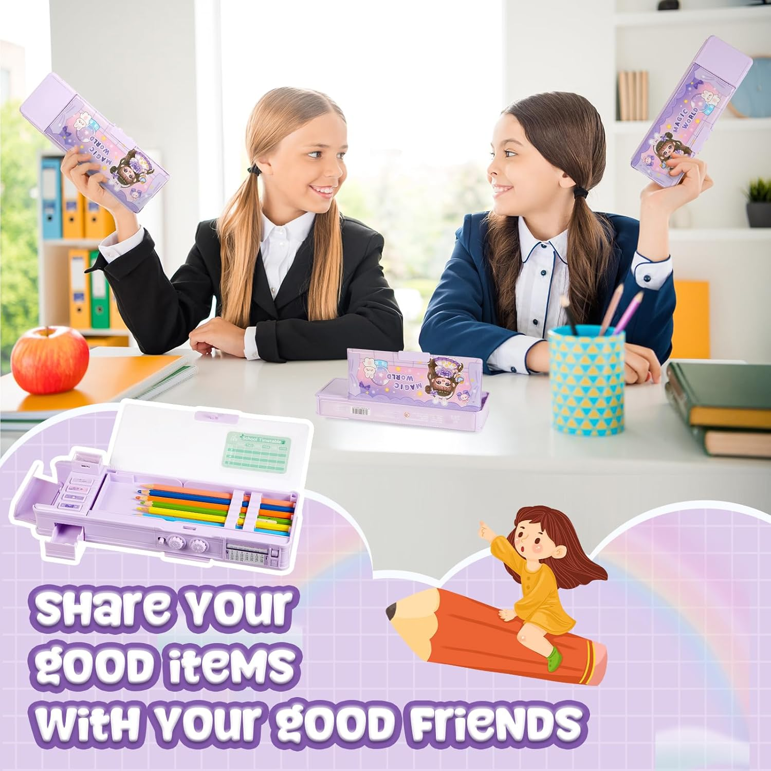 Pop up Multifunctional Pencil Case Organizer Cartoon Pen Box Pencil Box with Password Lock, Sharpener, Schedule, Whiteboard, Christmas Birthday Stationery Gifts for Teen (Purple,Magic World) image number 6