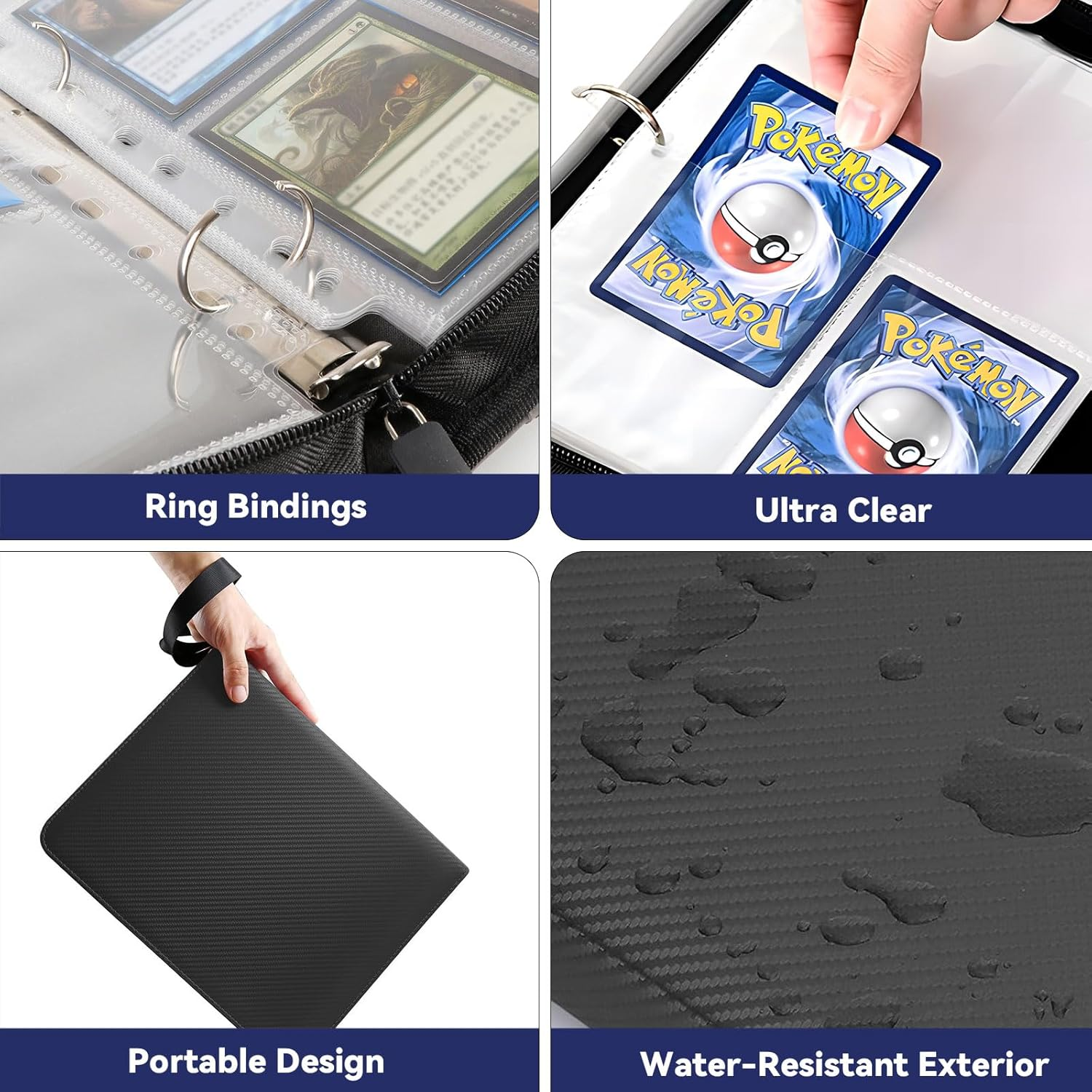 9 Pocket Card Binder with 50 Sleeves, Card Storage Binders 900 Pocket PU Cards Holder with Zipper Closure, Photocard Binders 3-Ring Card Collection Album for Game Cards Collection Binder, Sports, MTG image number 6