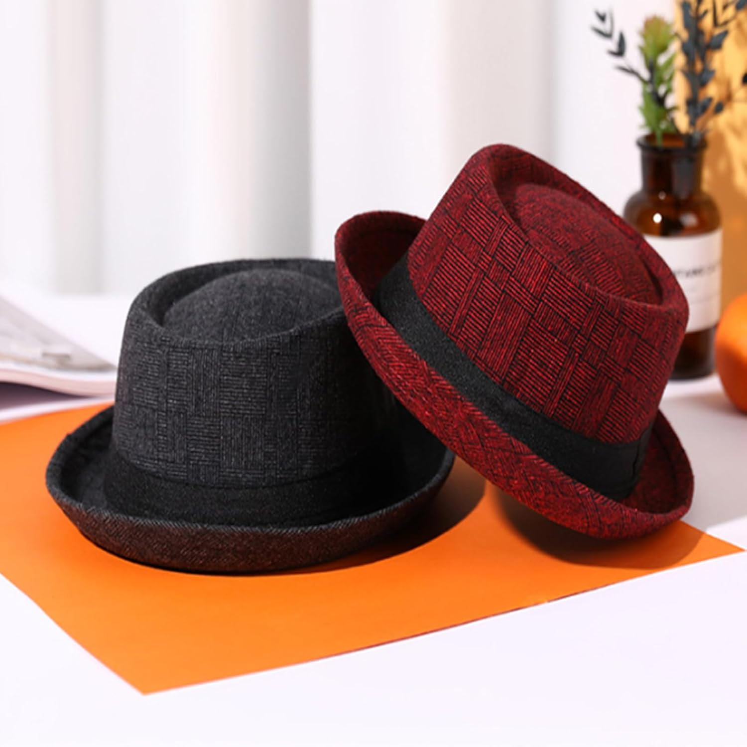 HEYANN Men'S Pork Pie Hat, Plaid Tweed Pork Pie Hat &ndash; Short Brim Fedora Hats round Crown Retro Flat Cap for Spring & Fall Beach, Party Hat