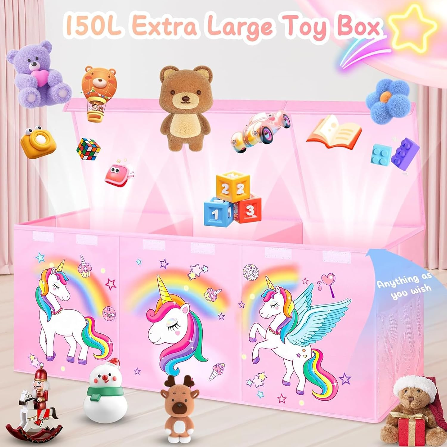 Large Toy Box Chest Storage with Lid - Collapsible Kids Toys Boxes Organizer Bins Baskets Container with Handles for Boys, Girls, Nursery, Playroom, Clothes, Blanket, Bedroom,Pink image number 2