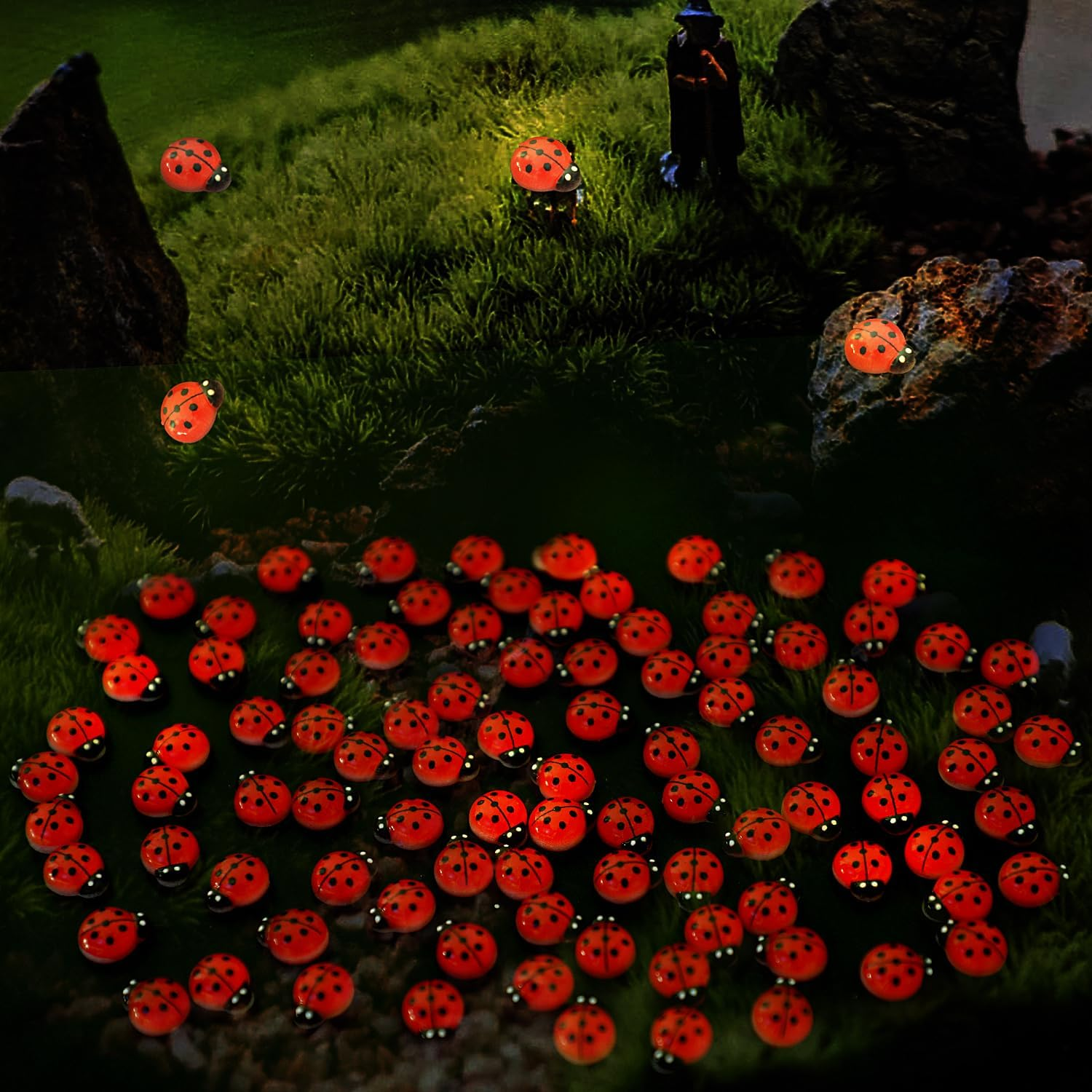 KIMOBER 100PCS Mini Luminous Ladybug Miniature Figurines,Glow in Dark Resin Animals Ladybug Figures for Fairy Garden Micro Landscape Decor Cake Topper