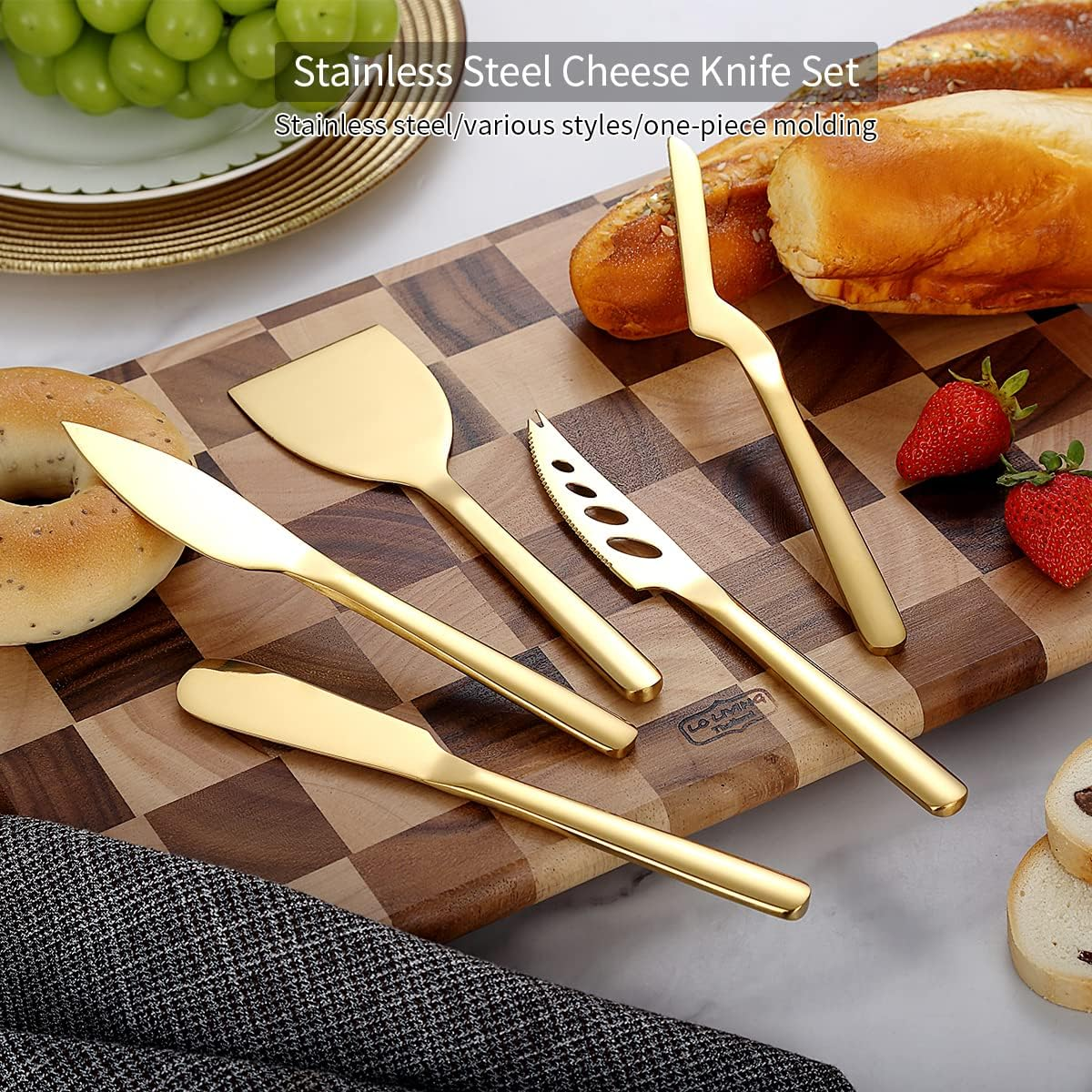 Berglander 5-Piece Cheese Knife Set, Suitable for All Cheeses, Stainless Steel Cheese Knives, Ergonomic Design, Suitable for Cutting Butter (Gold) image number 1
