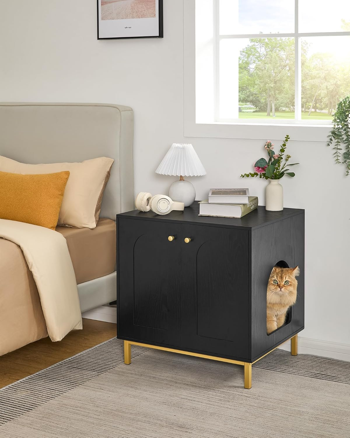 Cat Litter Box Enclosure, Hidden Litter Box Furniture Cabinet, Wooden Indoor Cat House, Side End Table, Living Room, Bedroom, Black and Gold CB81204G image number 3