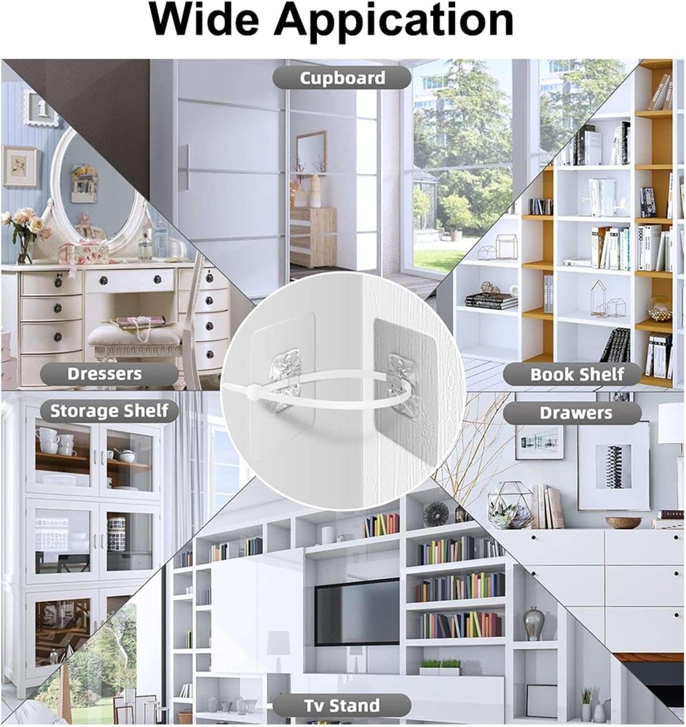 12-Pack Furniture Anti-Tip Kit, 7Cm Self-Adhesive Wall Anchors for Child & Earthquake Safety, No Tools Needed Easy Installation for Bookcase, Dresser, Cabinet, TV to Prevent Falling image number 2